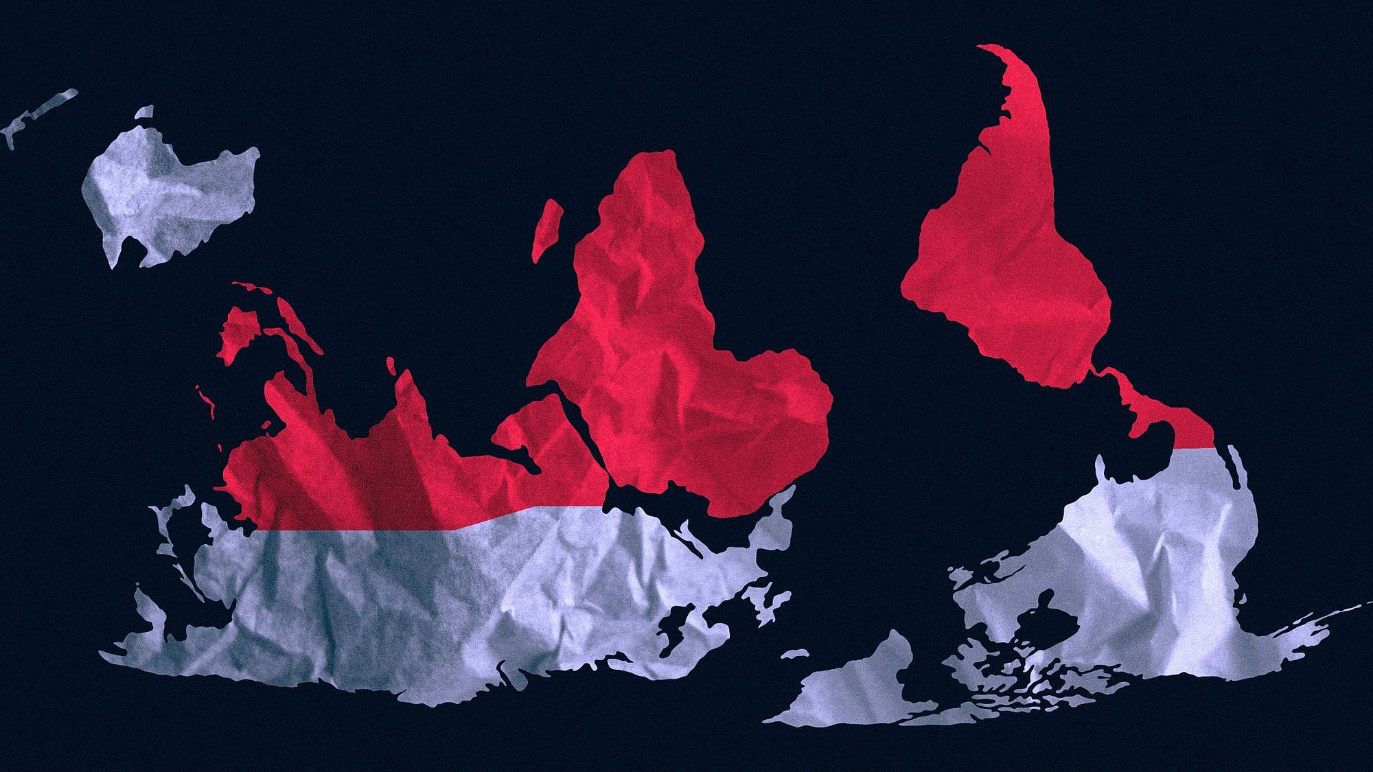 Eine Weltkarte steht auf dem Kopf. Der globale Süden ist rot eingefärbt. 