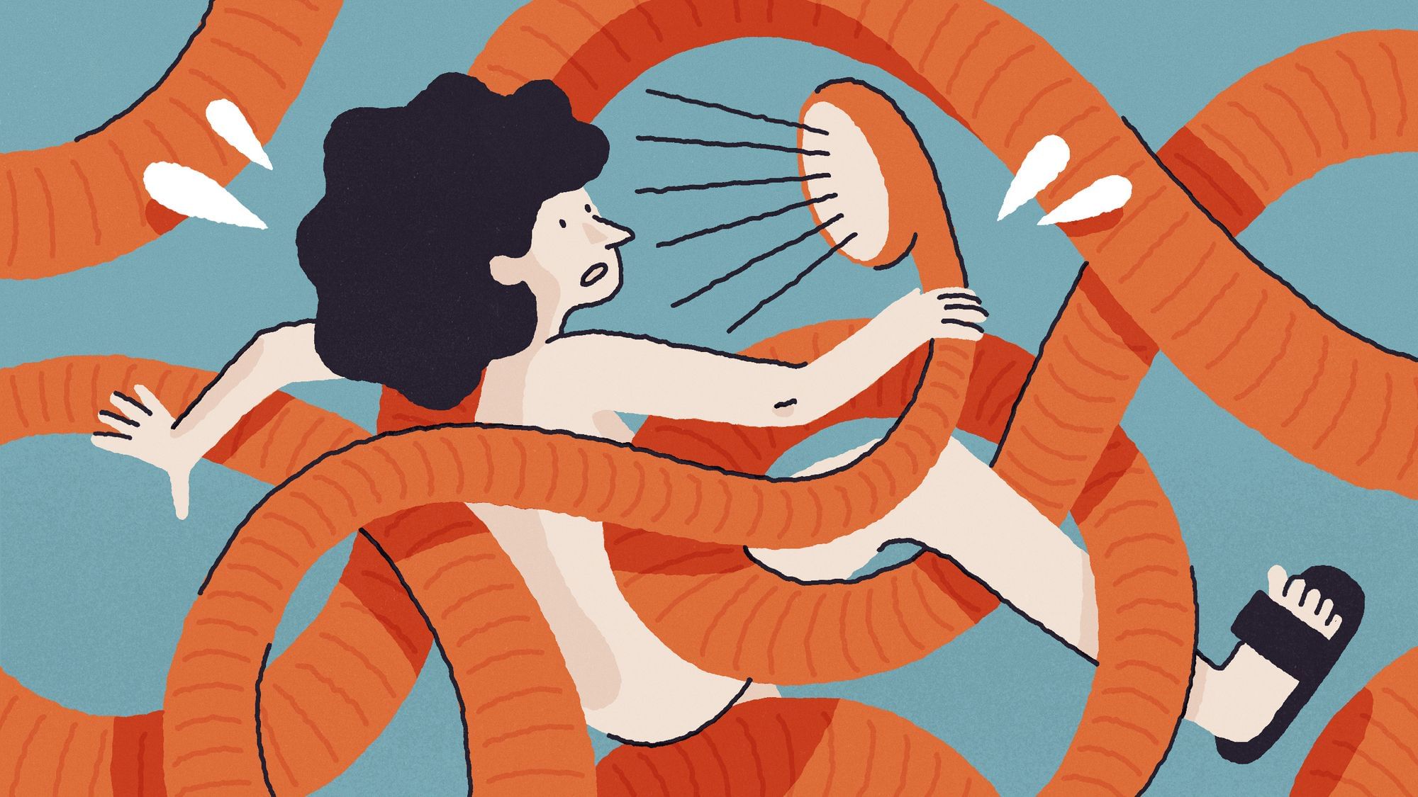 Illustration: Ein Mensch verheddert sich in einem Duschschlauch