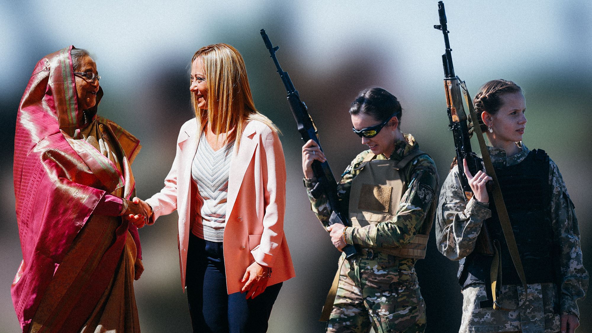 Collage: Scheich Hasina, Giorgia Meloni und zwei ukrainische Soldatinnen