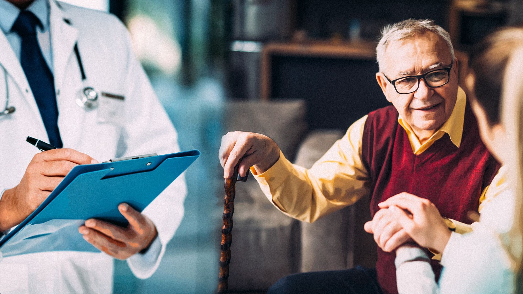 Ein älterer Mann sitzt und unterhält sich, er hat einen Gehstock in der Hand. Im Vordergrund steht eine Person im Arztkittel.