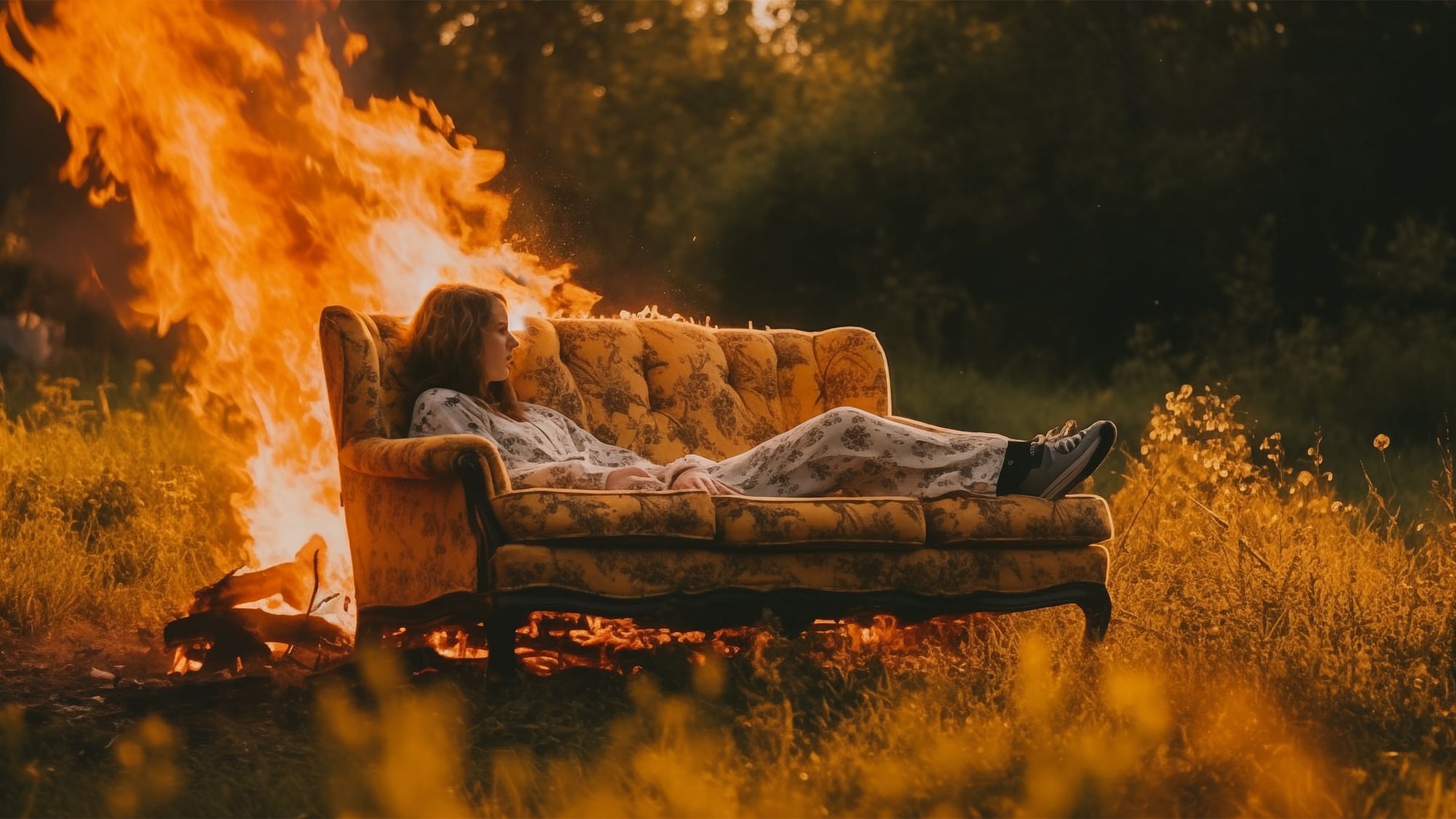 Eine Frau liegt lethargisch auf einer Couch im Freien. Hinter ihr brennt es.