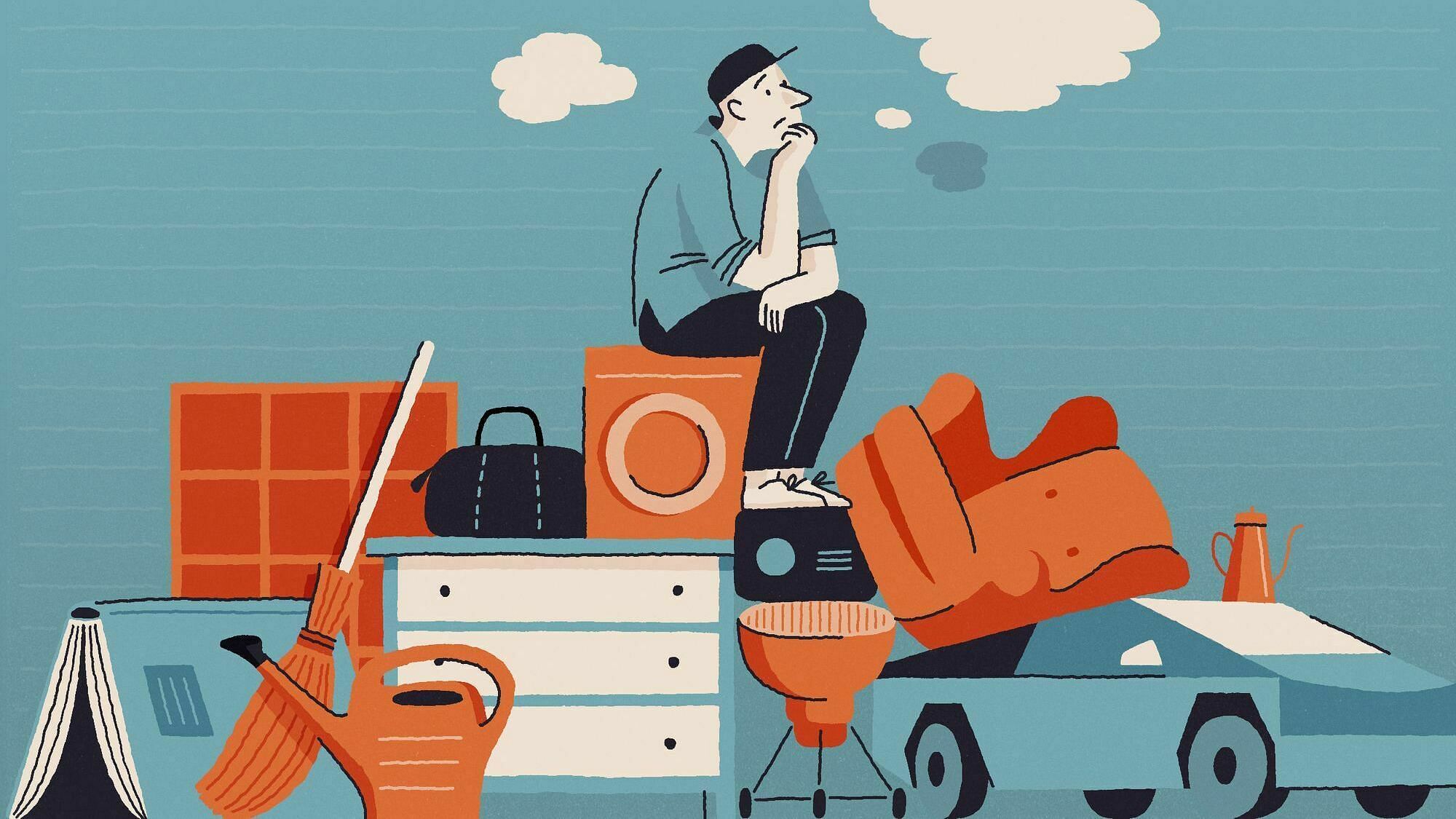 Eine Grafik, auf der ein Mann auf einem Stapel Gerümpel sitzt.