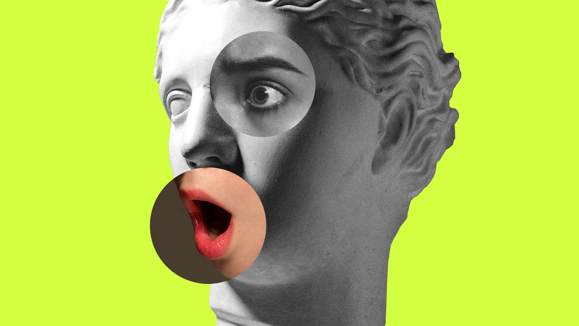 Der Kopf einer Statue blickt überrascht und reißt den Mund auf. 