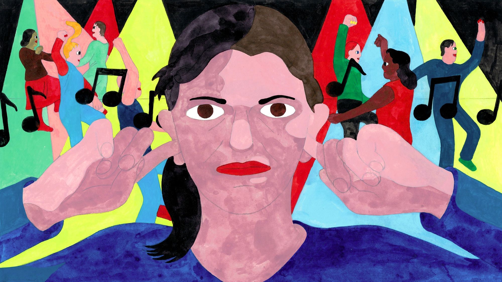 Illustration: Eine Frau steckt sich die Finger in die Ohren während hinter ihr Menschen zu Musik tanzen.