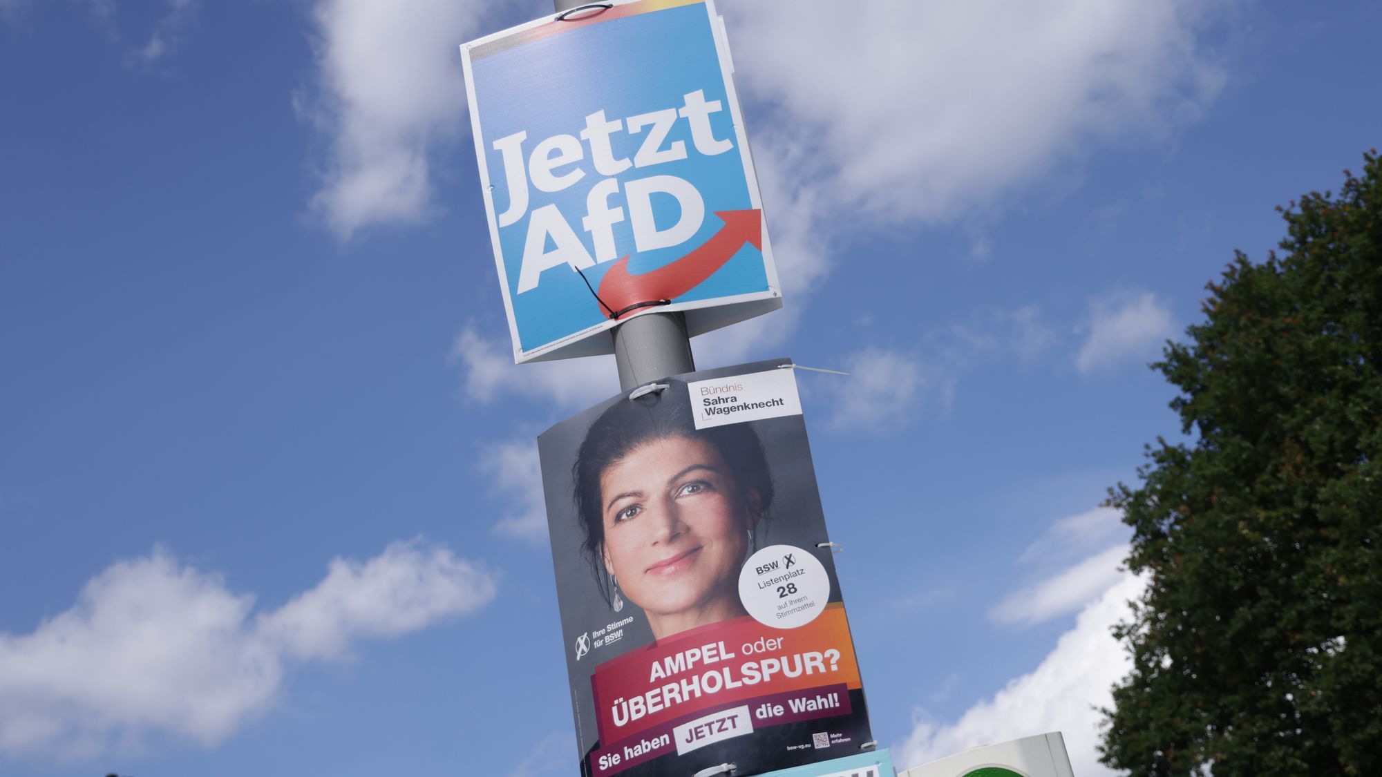 Ein Wahlplakat der AfD hängt über einem Wahlplakat des BSW.