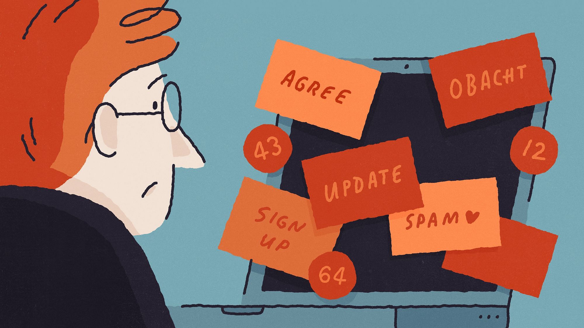 Illustration: Ein Mann vor einem Computerbildschirm. Auf dem Display sind viele rote Notifications zu sehen.