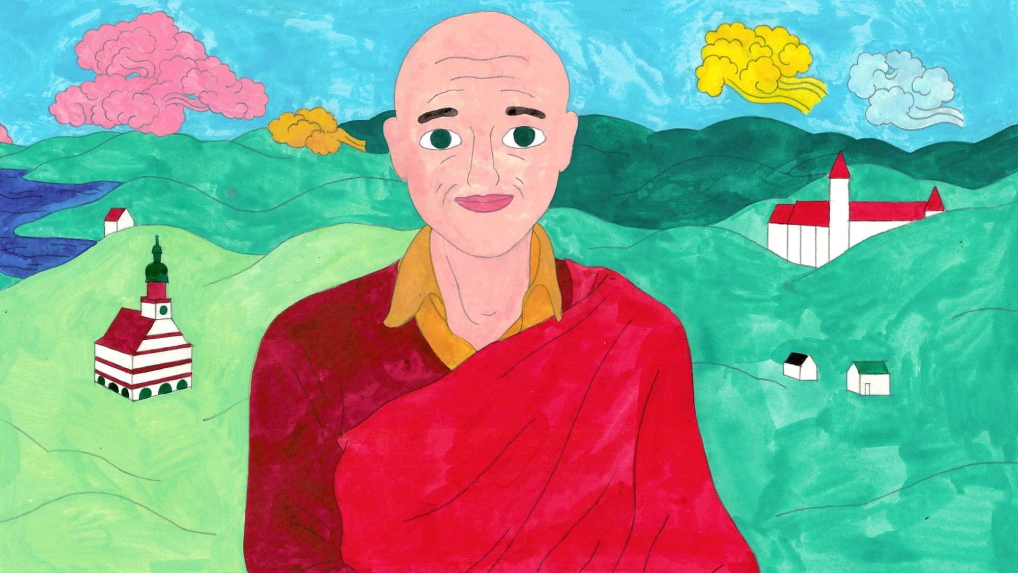 Illustration: Ani Semchi vor einer hügeligen Landschaft. Sie trägt die traditionelle Kleidung buddhistischer Nonnen und Mönche: Ein Rotes Tuch und einen orangenen Schal.