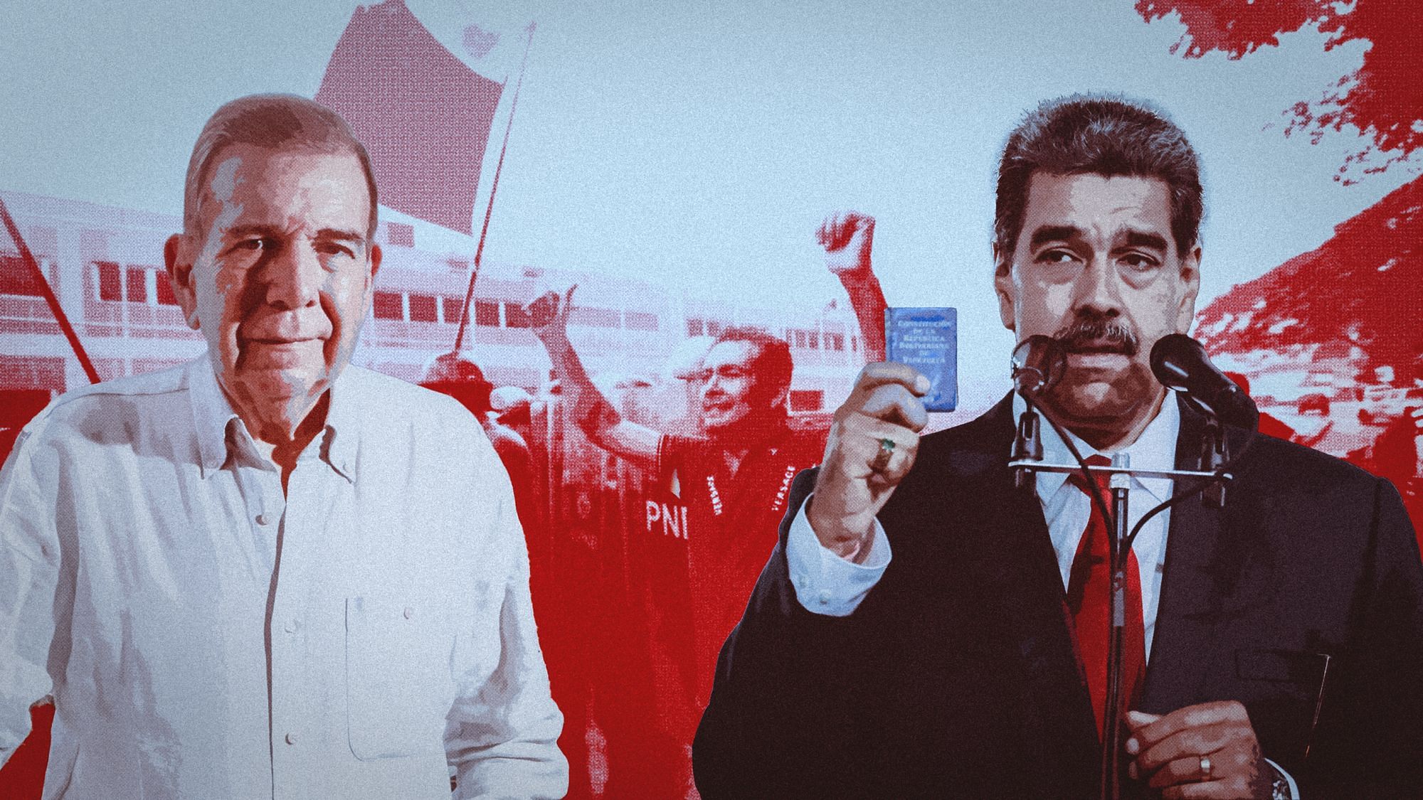 Collage: Edmundo Gonzalez und Nicolás Maduro stehen sich gegenüber. Im Hintergrund sieht man Demonstranten.