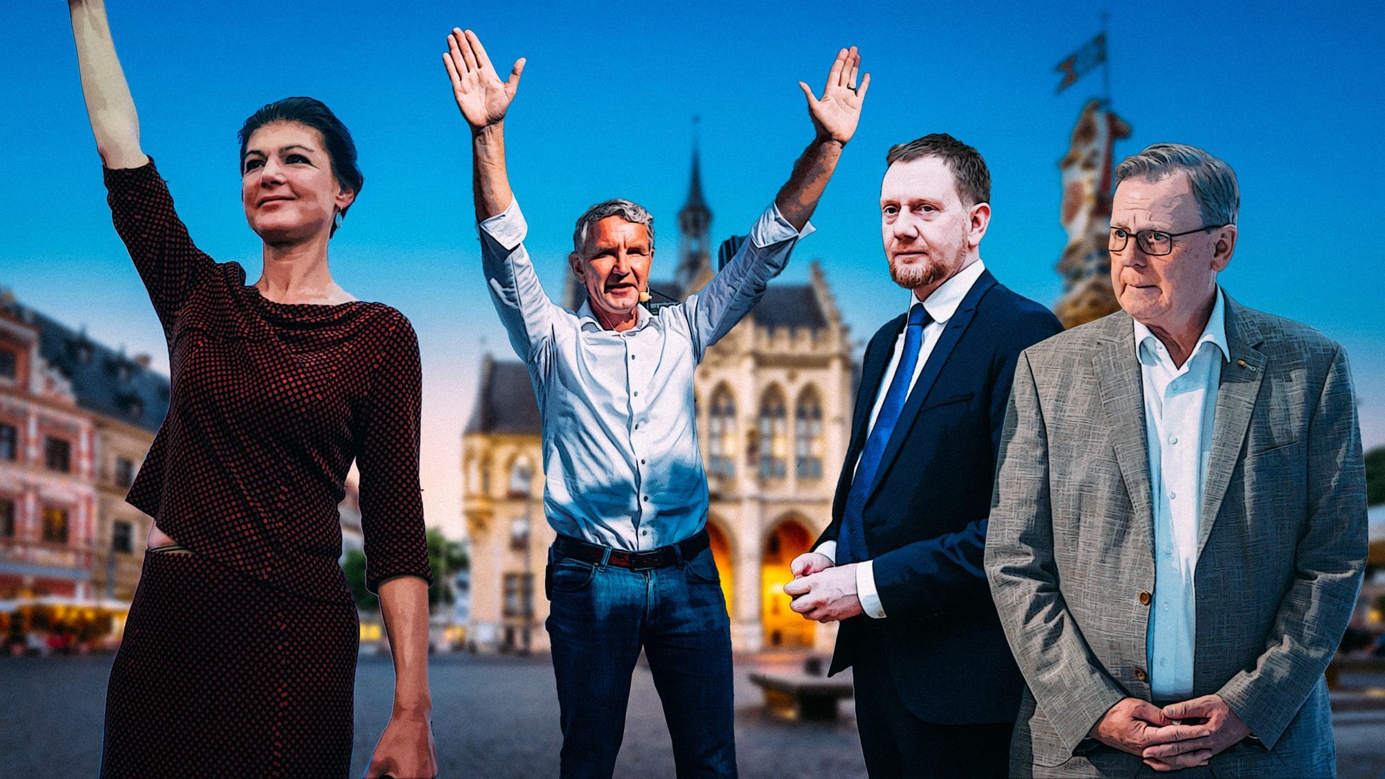 Collage: Wagenknecht, Höcke, Kretschmer und Ramelow auf dem Platz vor dem historischen Rathaus in Erfurt.