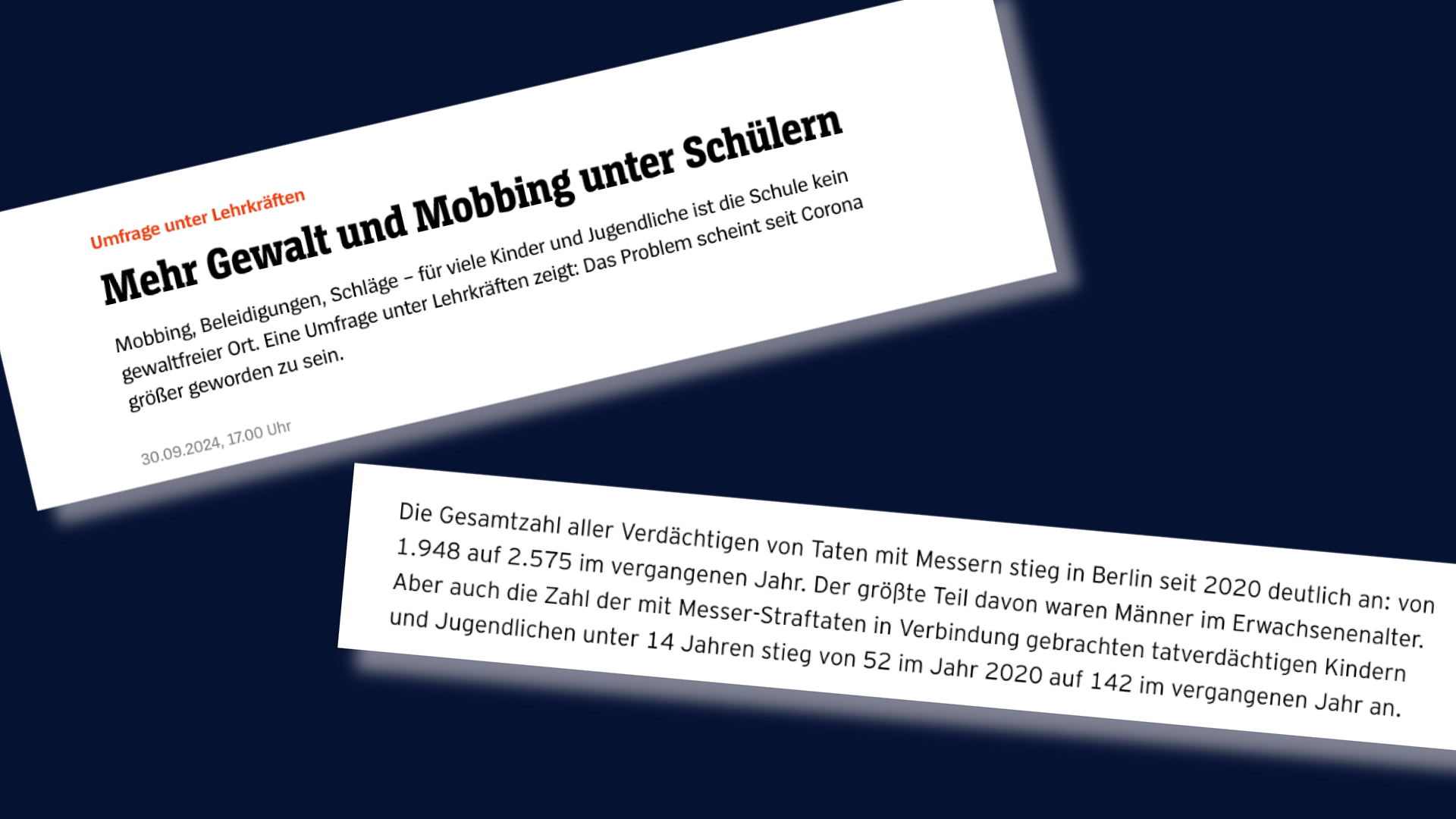 Zwei Screenshots von Headlines über gewalttätige Kinder.