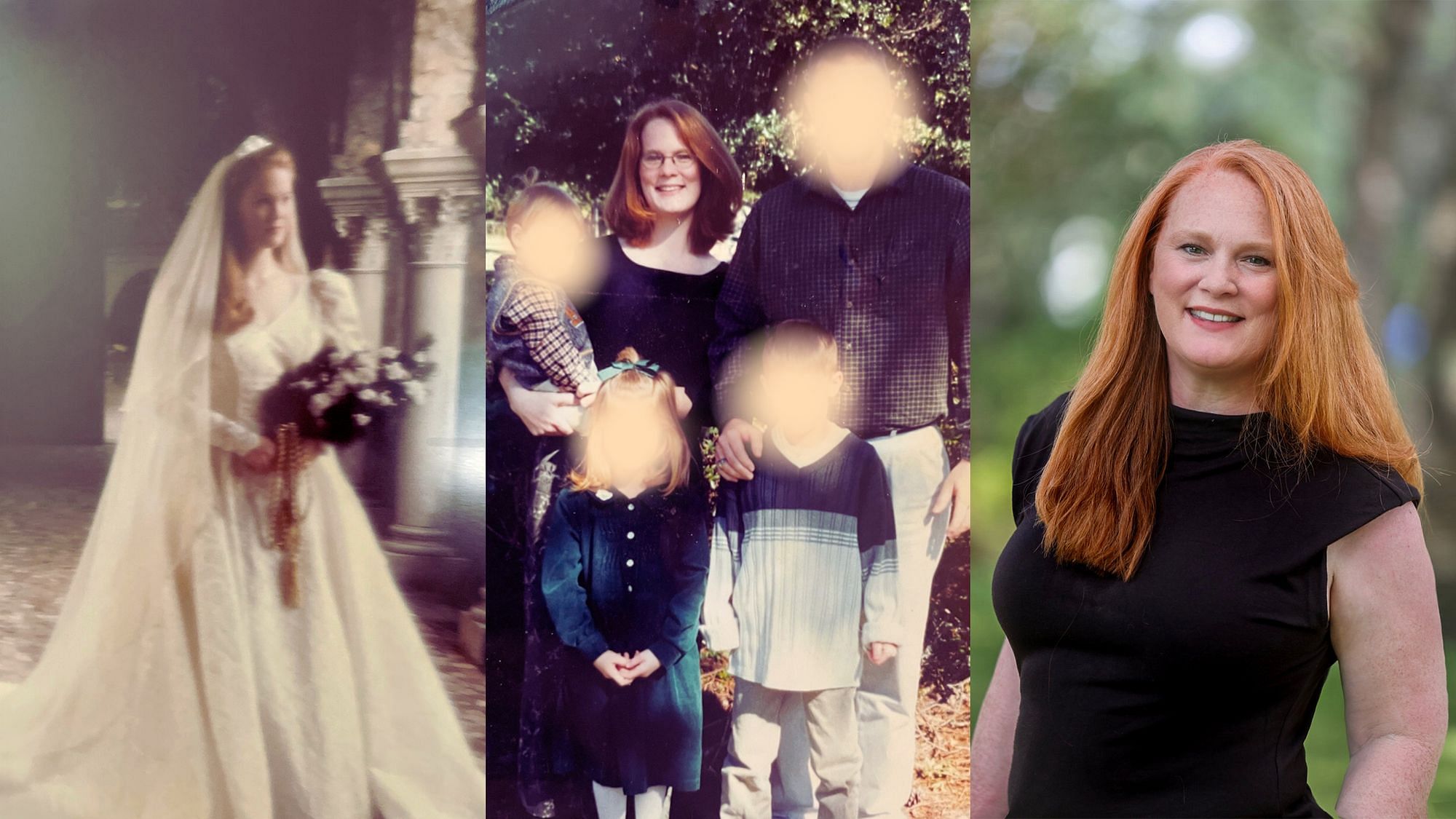 3 Fotos sind nebeneinander gestellt. Auf dem ersten sieht man eine junge rothaarige Frau in einem Hochzeitskleid. Auf dem zweiten sieht man die Frau mit ihrer Familie. Sie steht neben ihrem Mann, vor ihr stehen zwei Kinder. Ein drittes Kind trägt sie auf dem Arm. Auf dem letzten Bild ist die Frau älter als auf den letzten beiden. Sie steht allein vor er Kamera und lächelt.