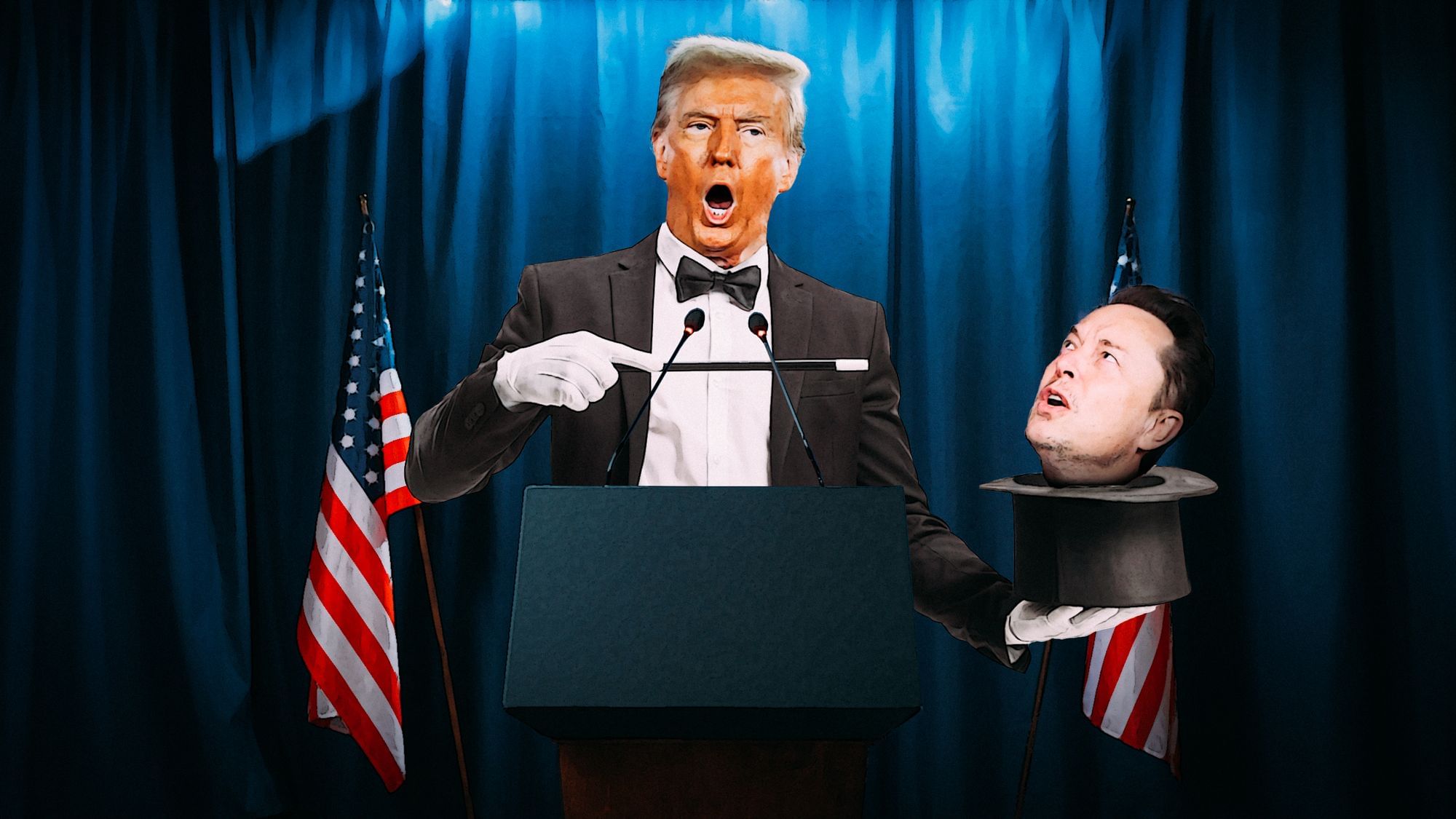 Fotomontage: Donald Trump steht als Magier verkleidet an einem Podest. In der Hand hält er einen Zylinder, aus dem er Elon Musks Kopf hervorzaubert.