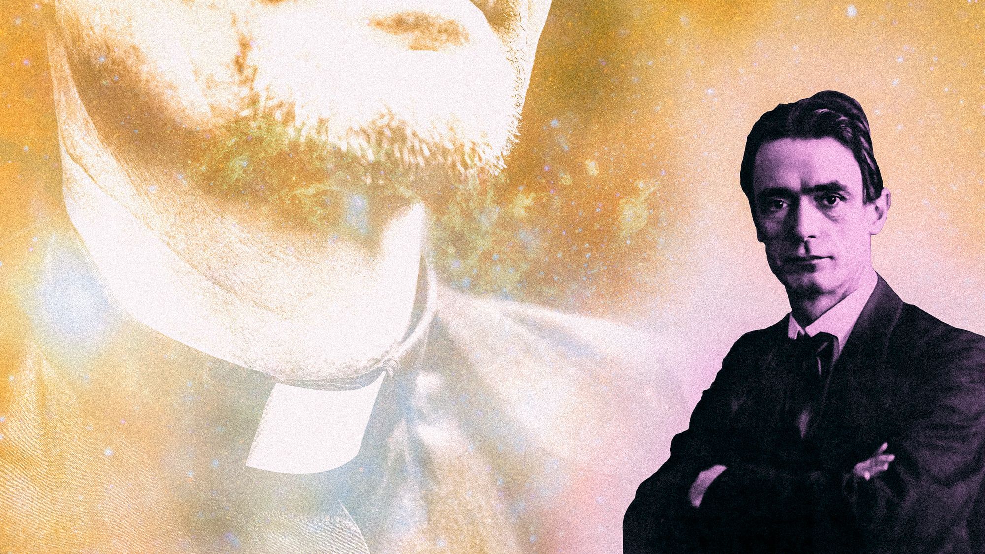 Links ist ein Priester zu sehen, man erkennt ihn am klassischen Kragen. Sein Gesicht ist durch den Bildrand abgeschnitten. Rechts ist der Gründer der Waldorfschulen, Rudolf Steiner, abgebildet.