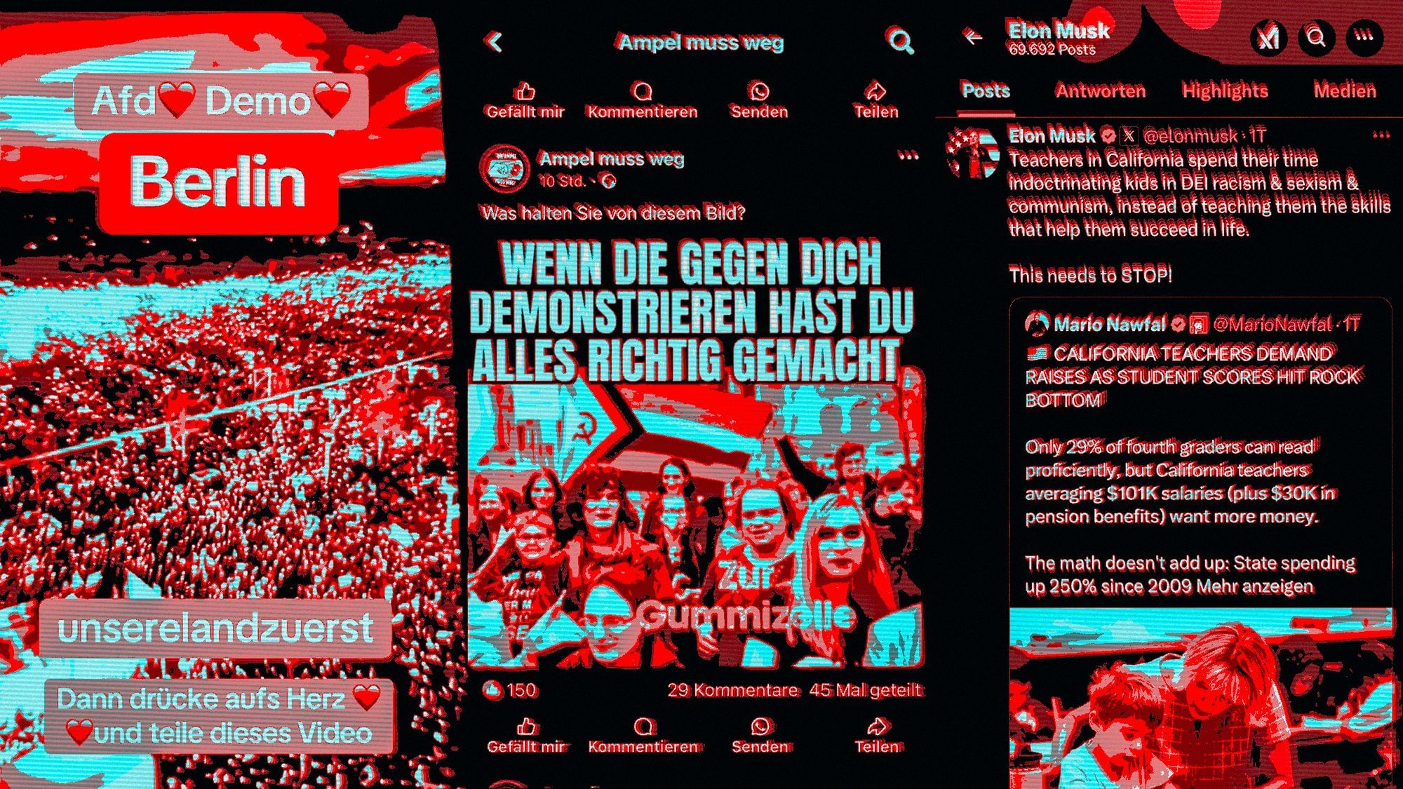 Screenshots verschiedener Social Media Plattformen. Sie sind farblich verfremdet, alle haben rechte Inhalte.