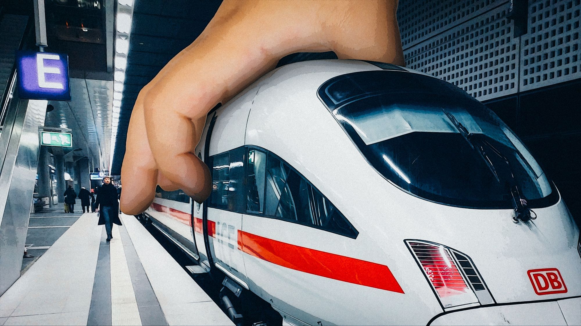 Fotomontage: Eine Hand greift einen ICE aus einer Bahnstation