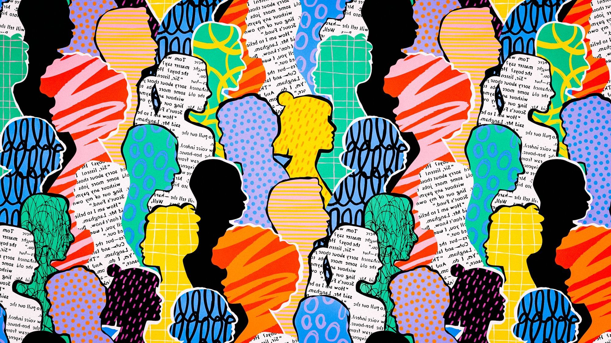 Eine Collage zeigt die Umrisse verschiedener Menschen, sie sind mit bunten Mustern gefüllt.