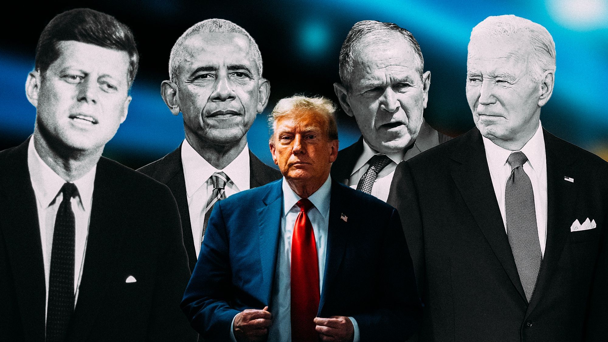 Collage: Die Präsidenten Kennedy, Obama, Bush und Biden im Hintergrund, im Vordergrund Trump.