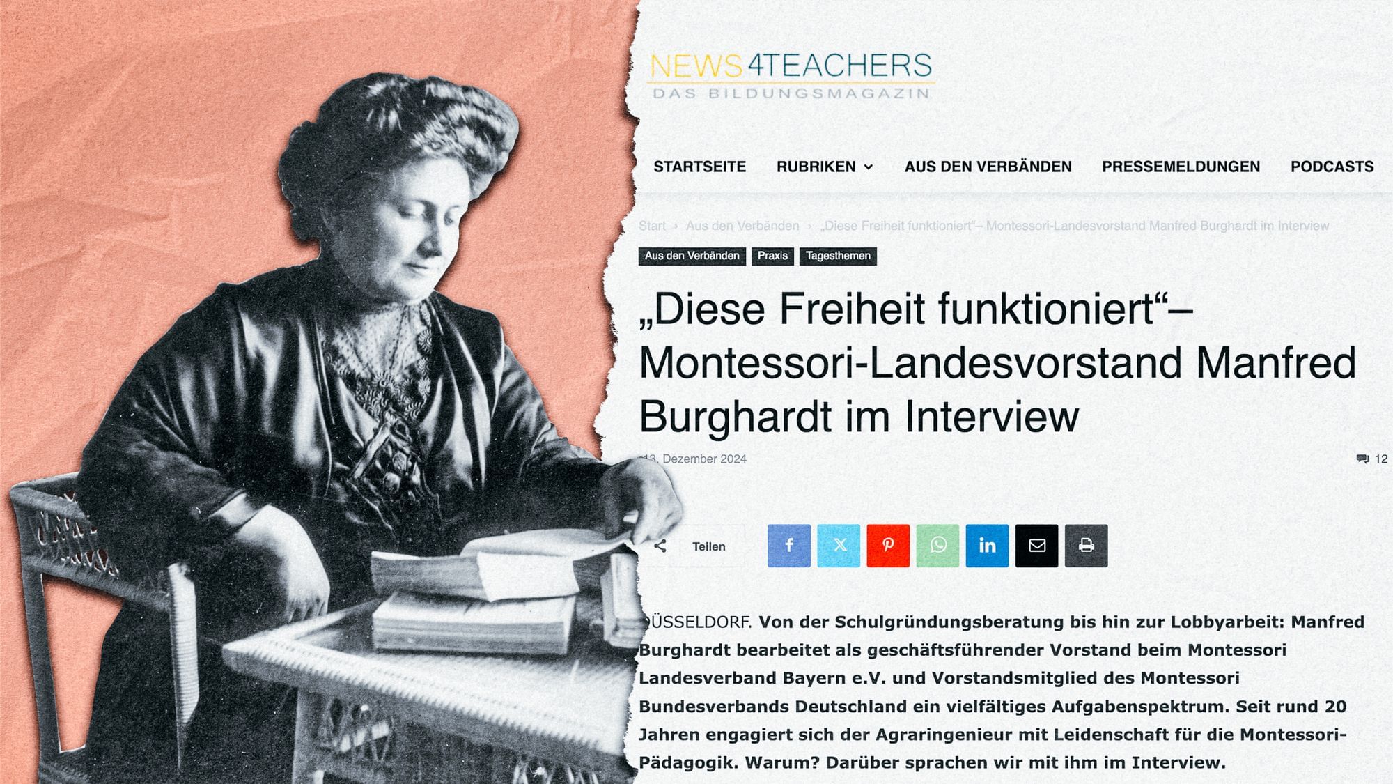 Eine Collage. Auf der linken Seite ist ein Bild von Maria Montessori, auf der rechten Seite ein Screenshot von news4teachers.de von einem Interview über Montessori-Schulen.