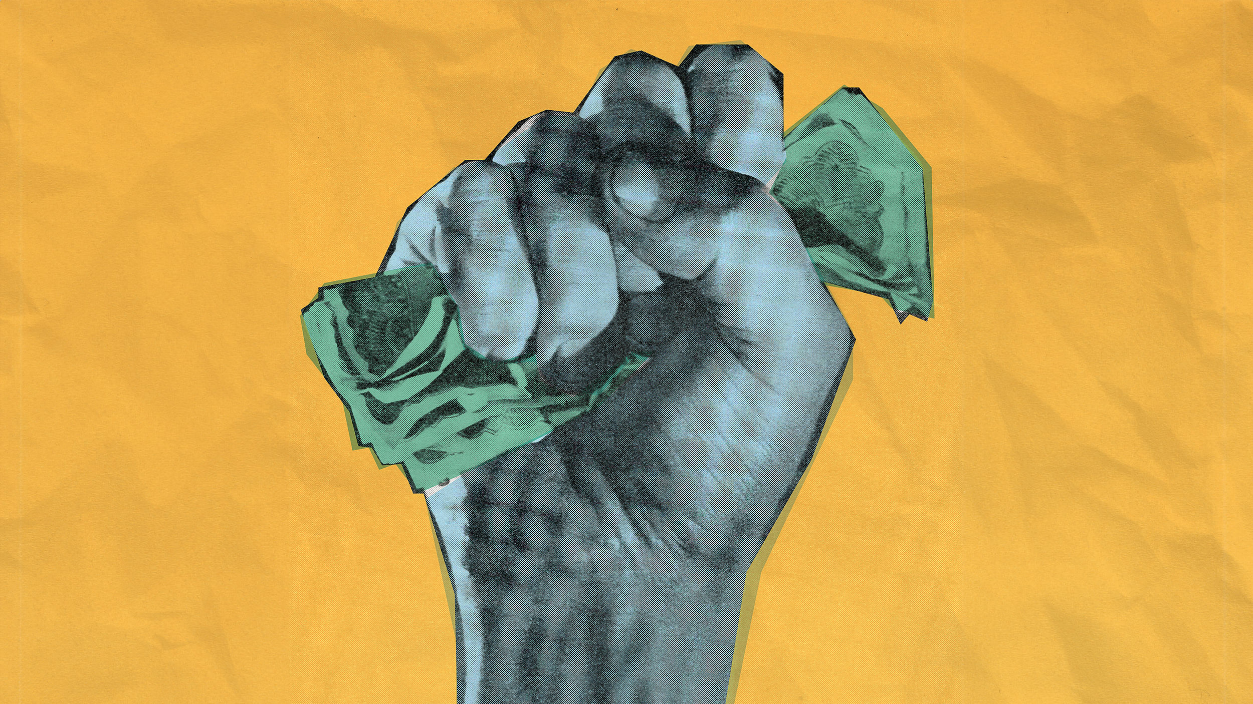 Eine Faust reckt sich empor, die Geldscheine zerknüllt