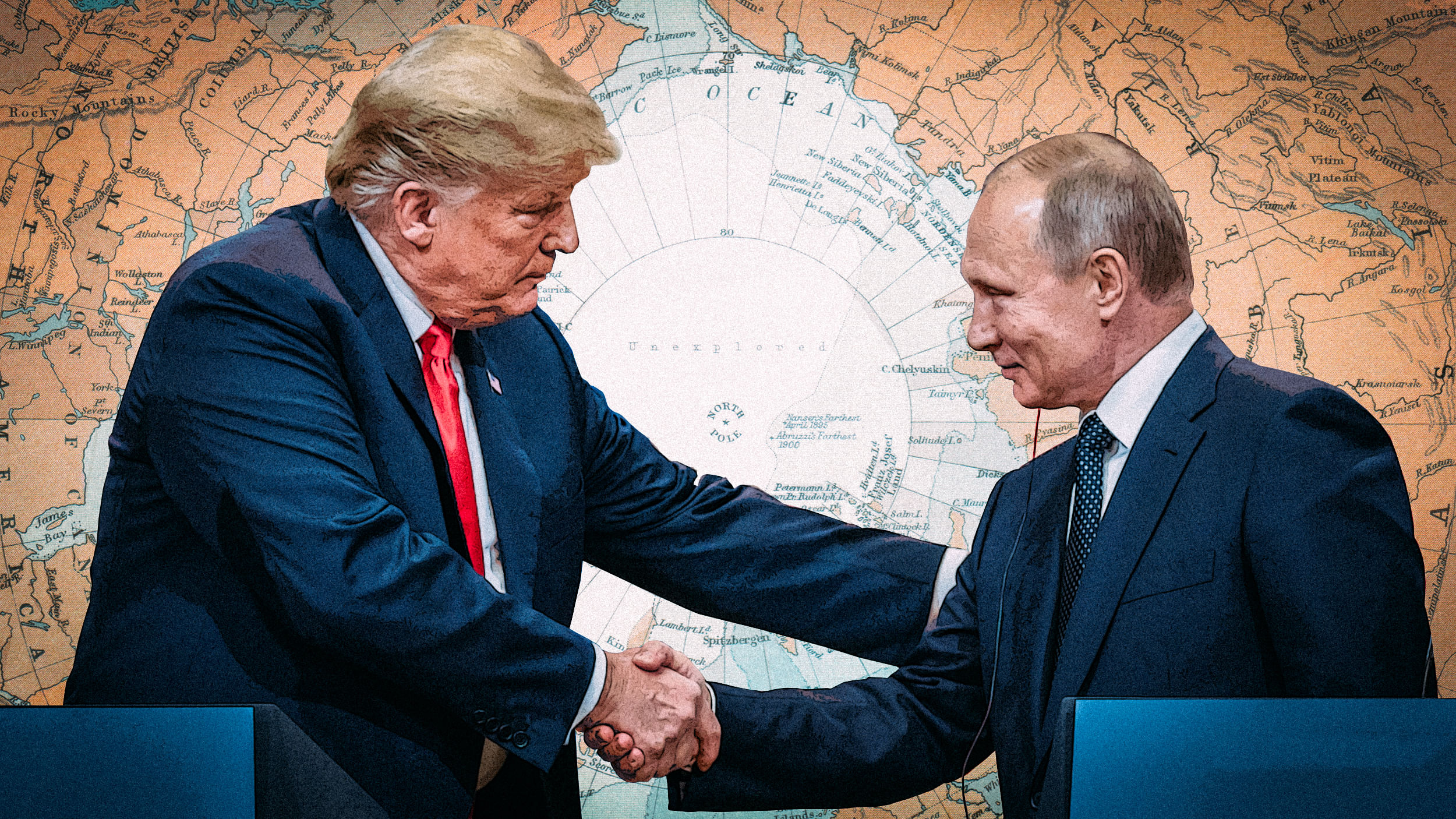 Collage: Trump und Putin reichen sich die Hand, im Hintergrund ist eine Karte des nördlichen Polarkreises zu sehen.