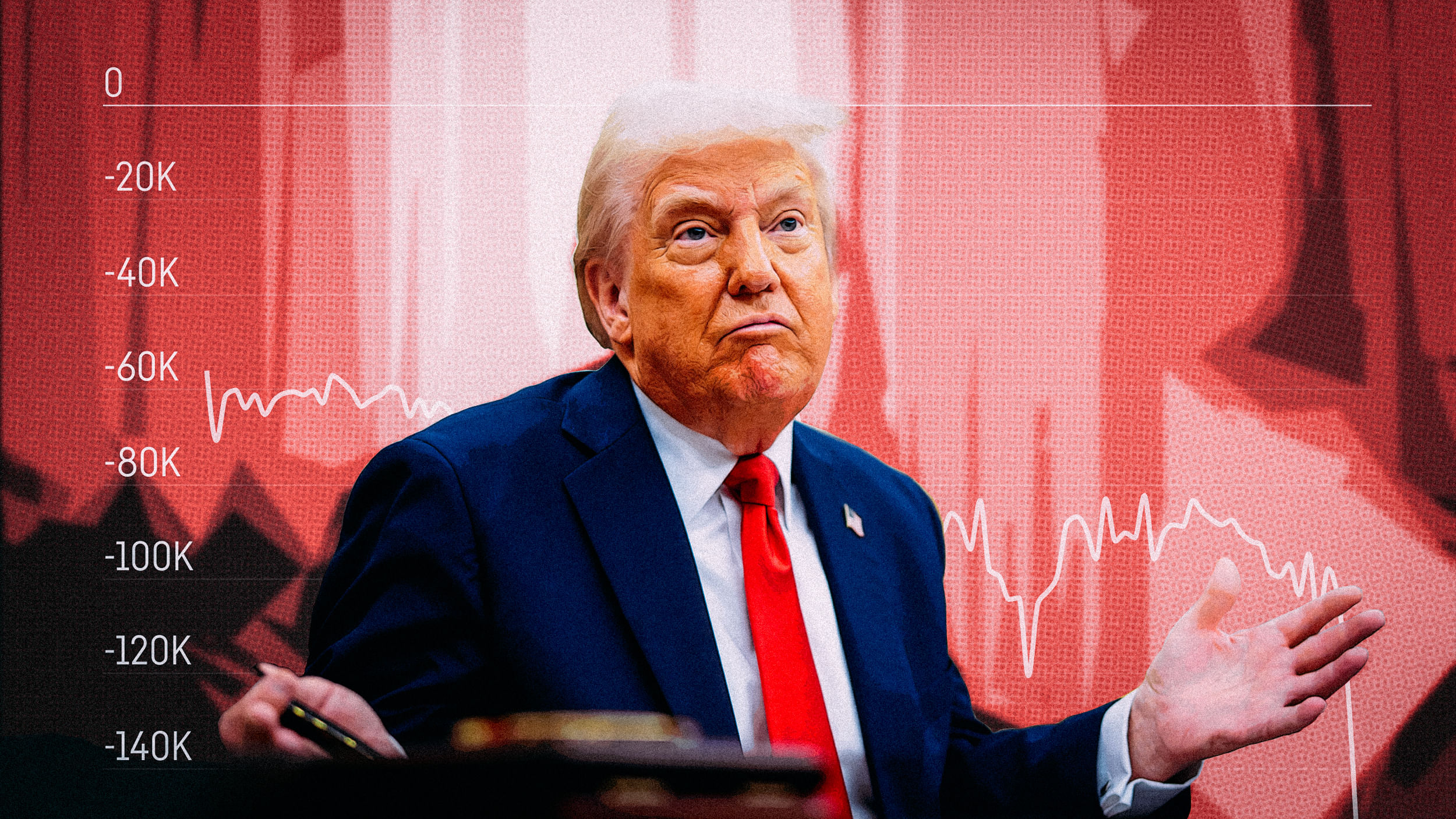 Collage: Trump vor einem absteigenden Graphen.