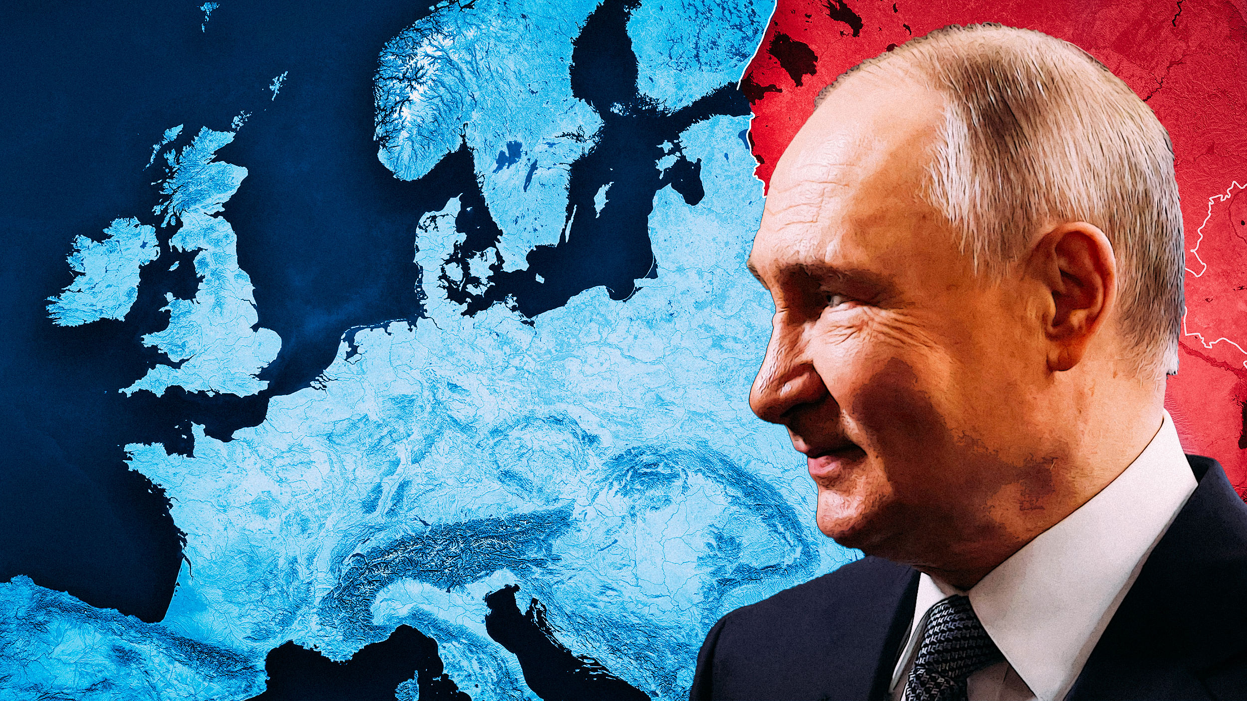 Collage: Putin schaut zur Seite, im Hintergrund liegt eine Karte von Europa.