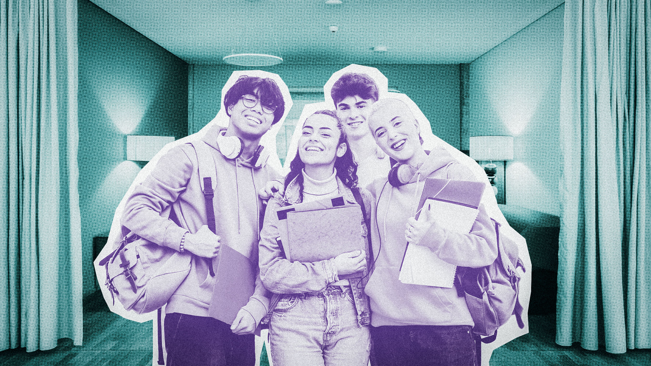 Collage: Eine Gruppe Teenager vor einem Raum