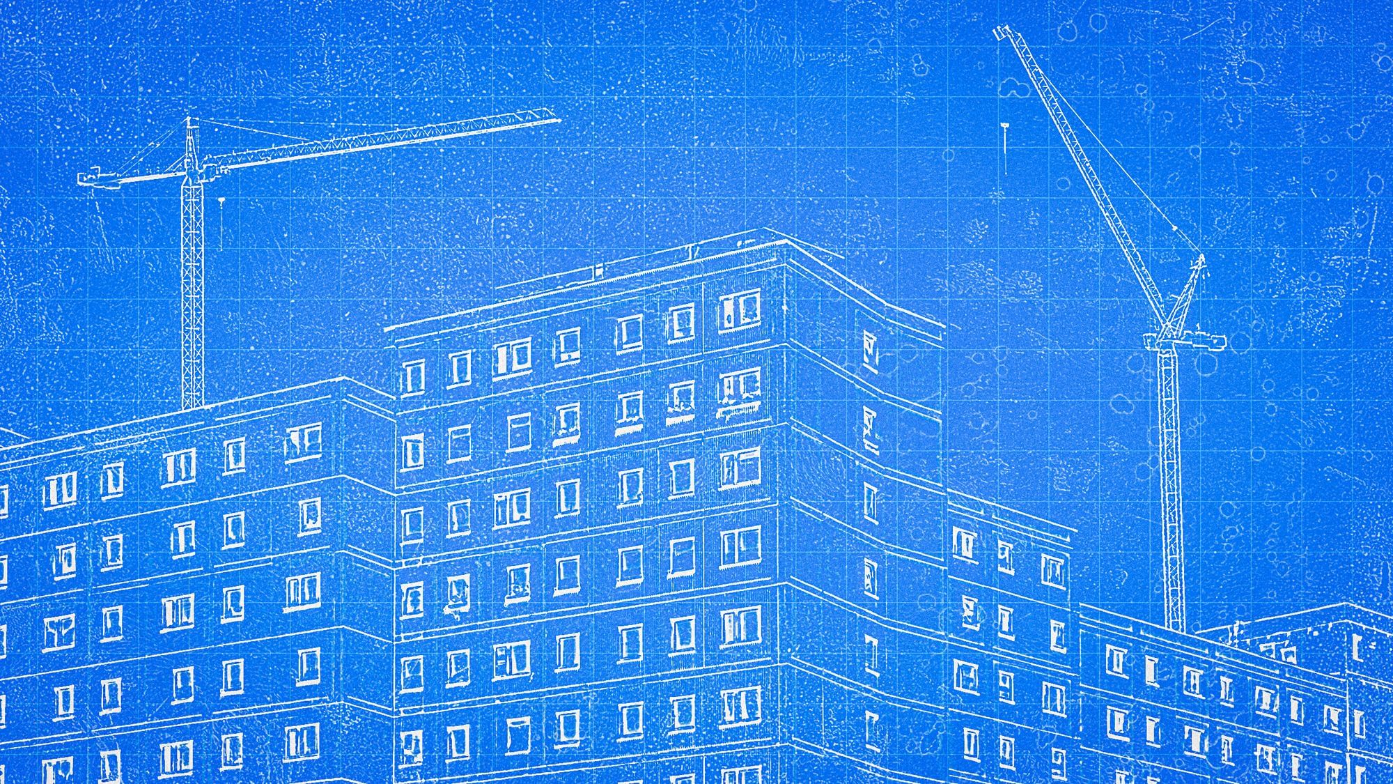 Eine weiße Skizze von Hochhäusern vor blauem Hintergrund.