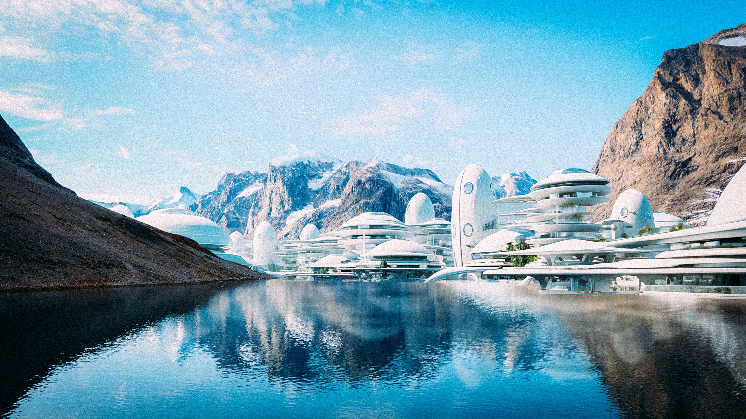Fotomontage: Eine futuristische Stadt in der Grönländischen Küste
