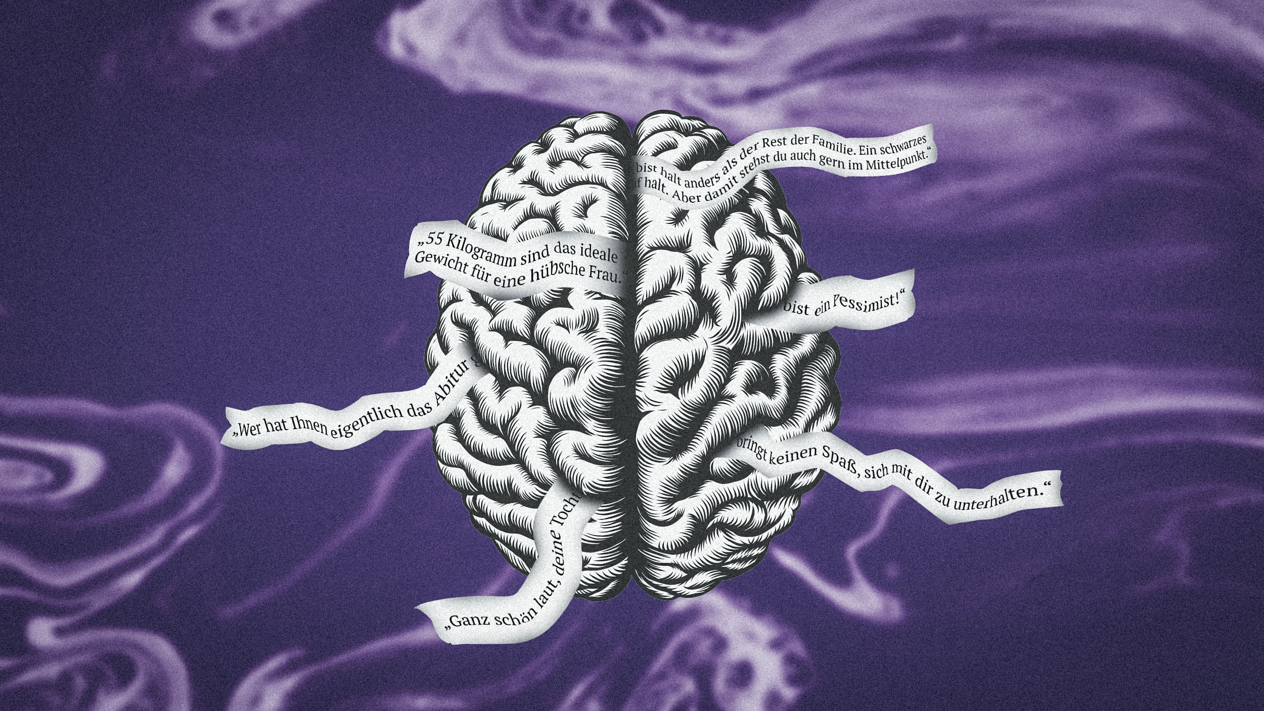 Collage: Eine schematische Zeichnung eines Gehirns. In den Hirnwindungen stecken kleine Zettel mit gemeinen Aussagen.
