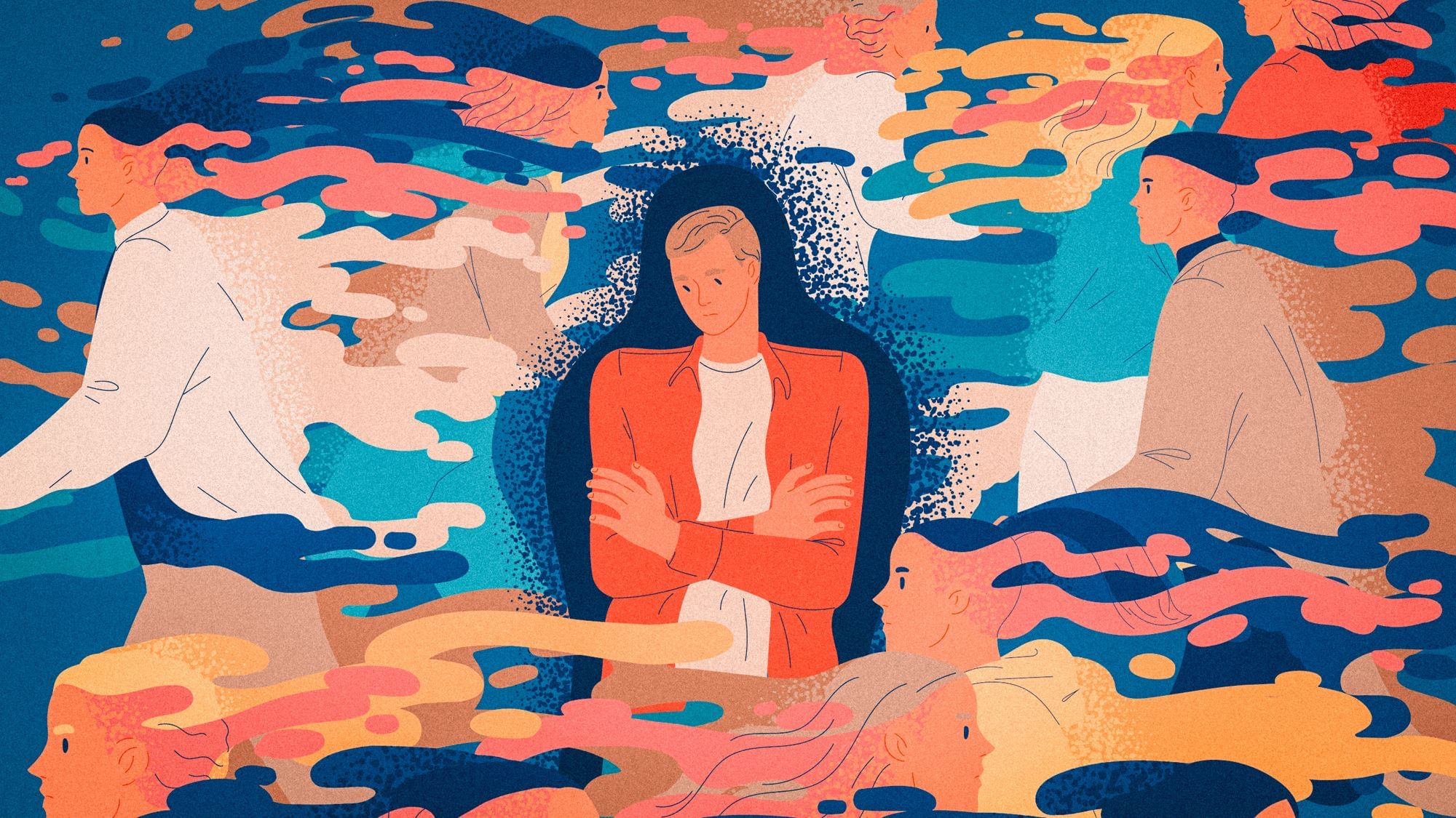 Die Illustration zeigt eine zentral stehende Person mit verschränkten Armen in einem roten Oberteil. Sie wirkt nachdenklich und etwas zurückgezogen. Um sie herum bewegen sich zahlreiche andere Personen, deren Körper in farbigen, wellenartigen Formen verschwimmen – als Symbol für Reizüberflutung oder emotionale Distanz. Die Farben sind lebendig, dominieren jedoch die Szene, während die zentrale Figur in einem dunklen, ruhigen Bereich steht – ein Bild für Introversion inmitten einer lauten, geschäftigen Welt.