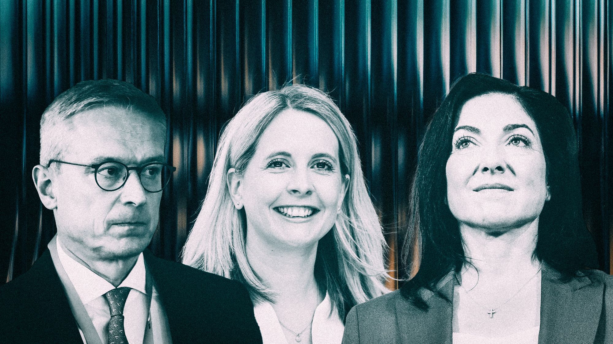 Fotomontage: Karsten Wildberger, Verena Hubertz und Katerina Reiche vor einer Glaswand.