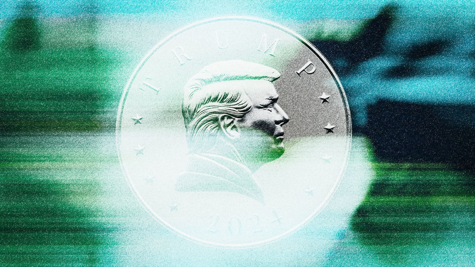Eine Münze mit Trumps Gesicht vor einem grün-blauen Hintergrund