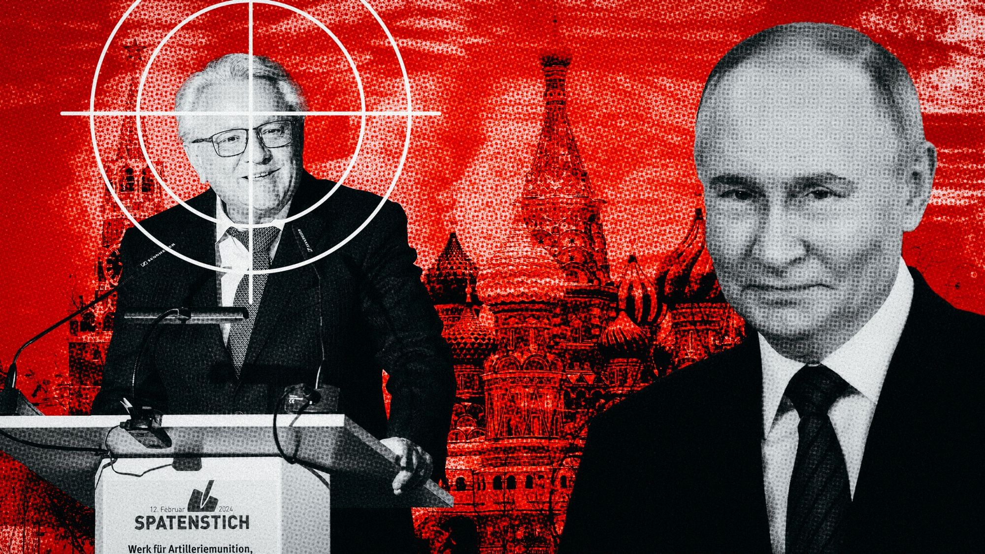 Collage: Putin neben einem Mann an einem Rednerpult, der ein Fadenkreuz auf der Stirn hat. Im Hintergrund ist der Kreml zu erkennen.