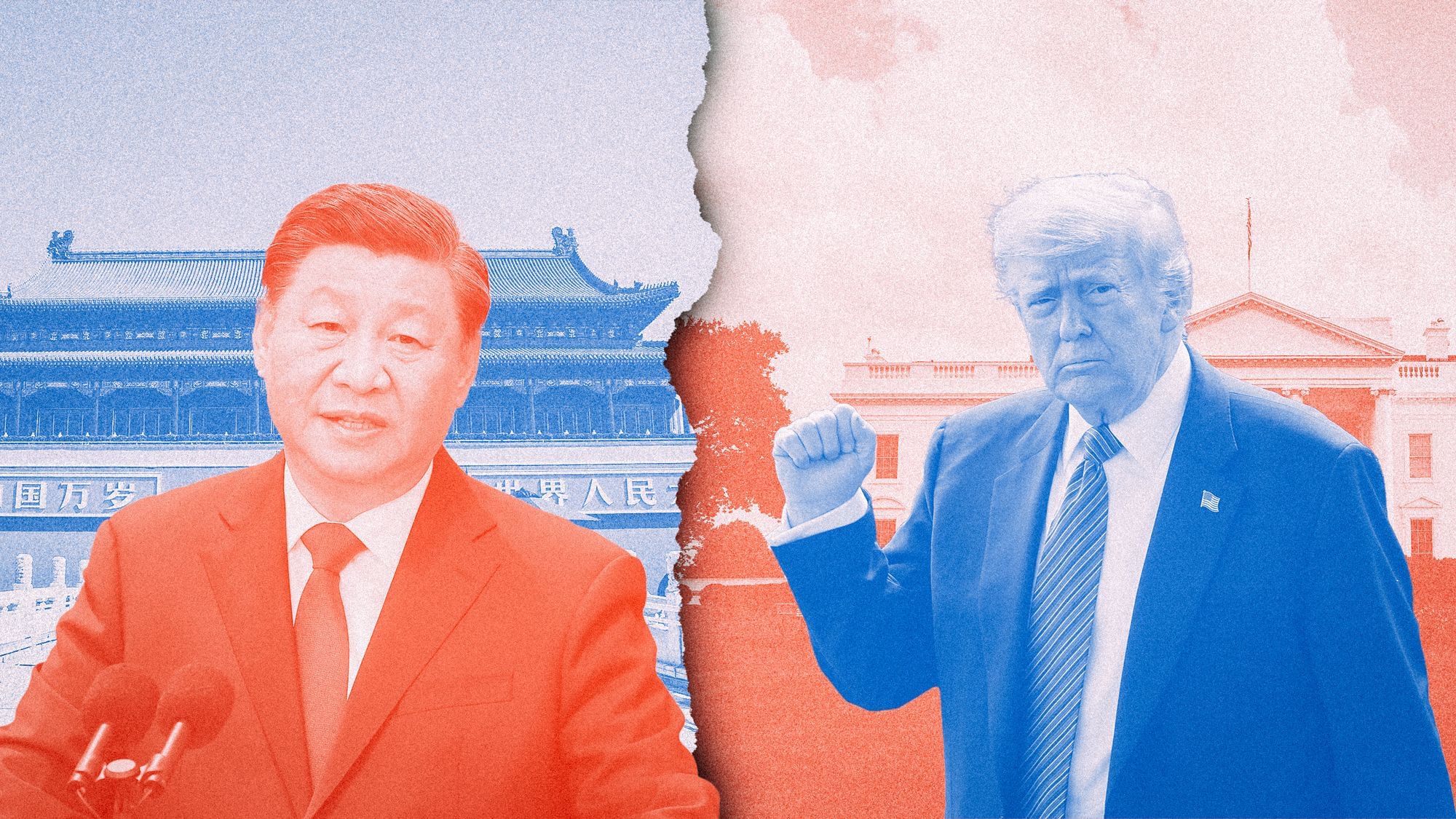 Collage: Xi Jinping und Donald Trump vor Regierungsgebäuden.
