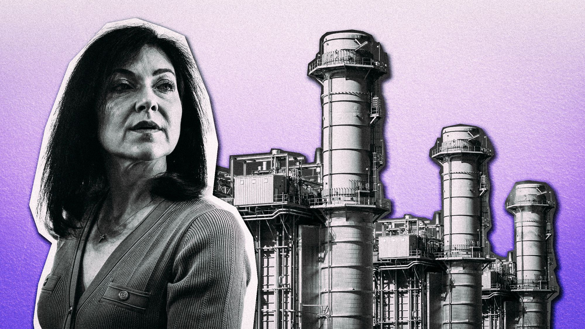 Fotomontage: Katherina Reiche vor einem Gaskraftwerk.