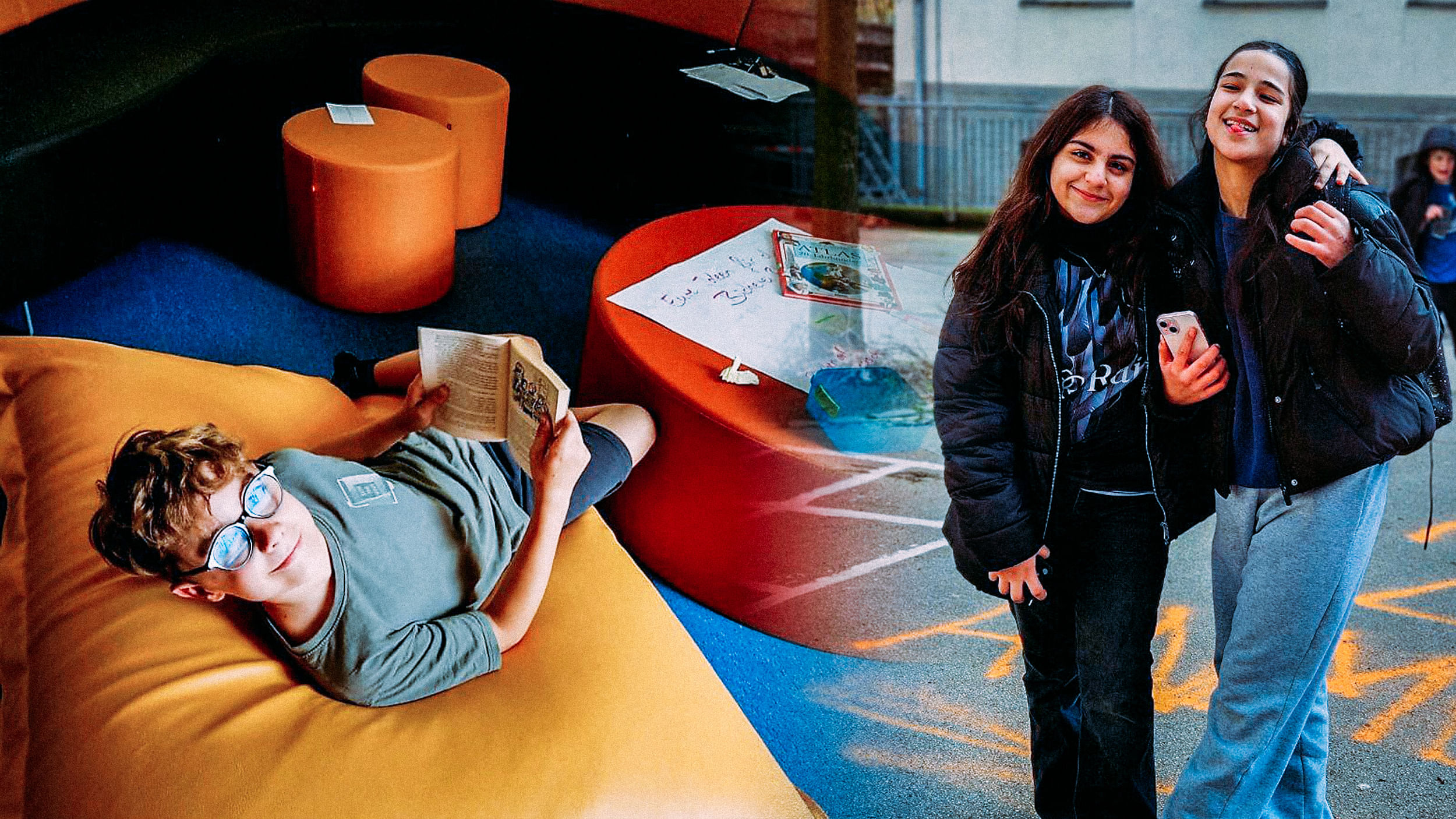 Collage: Ein Junge blickt von seinem Buch auf, zwei Mädchen lächeln in die Kamera.