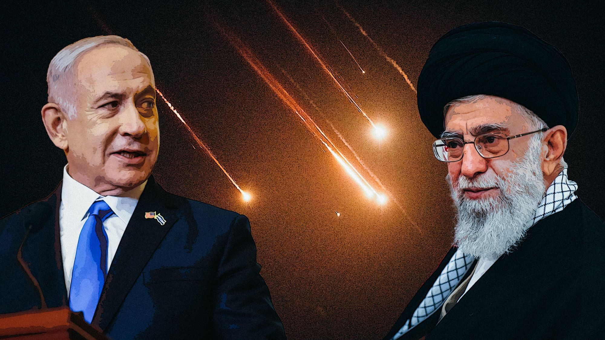 Collage: Netanyahu und Khamenei stehen vor durch die Nacht fliegenden Raketen.