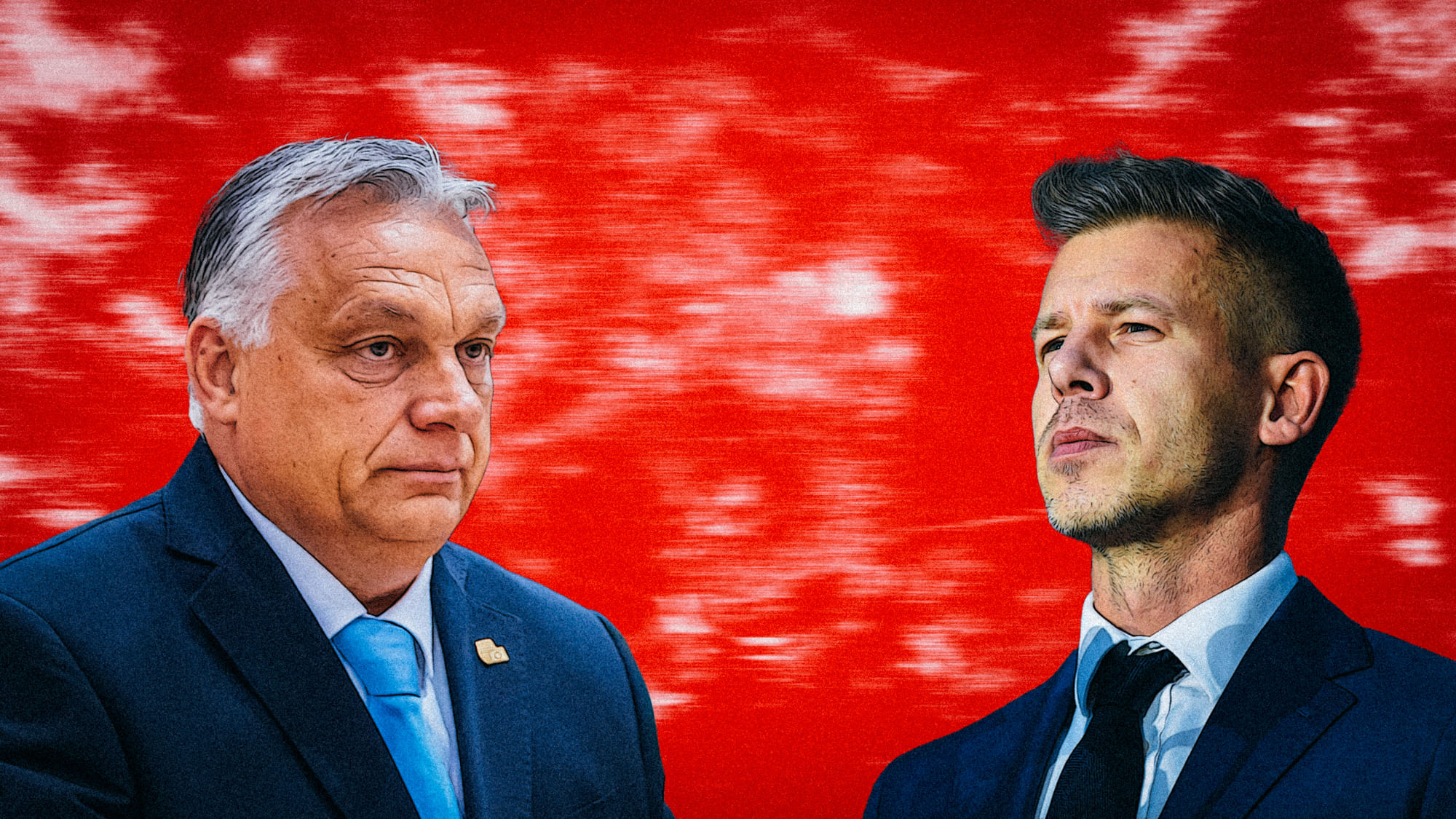 Fotomontage: Peter Magyar und Victor Orbán vor rotem Hintergrund.