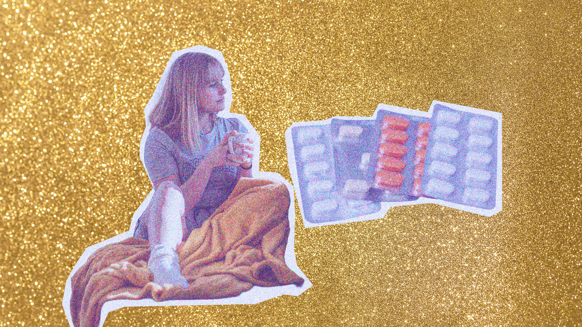 Ältere Frau, Tabletten, auf goldenem Hintergrund