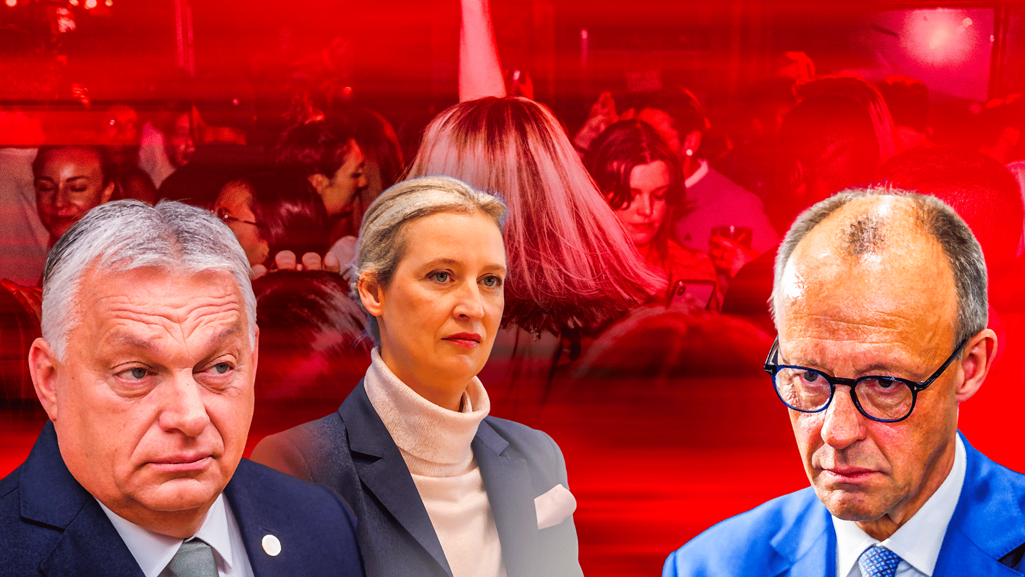 Portrait Vordergrund, Alice Weidel, Viktor Orban, Friedrich Merz, Hintegrund tanzende Personen