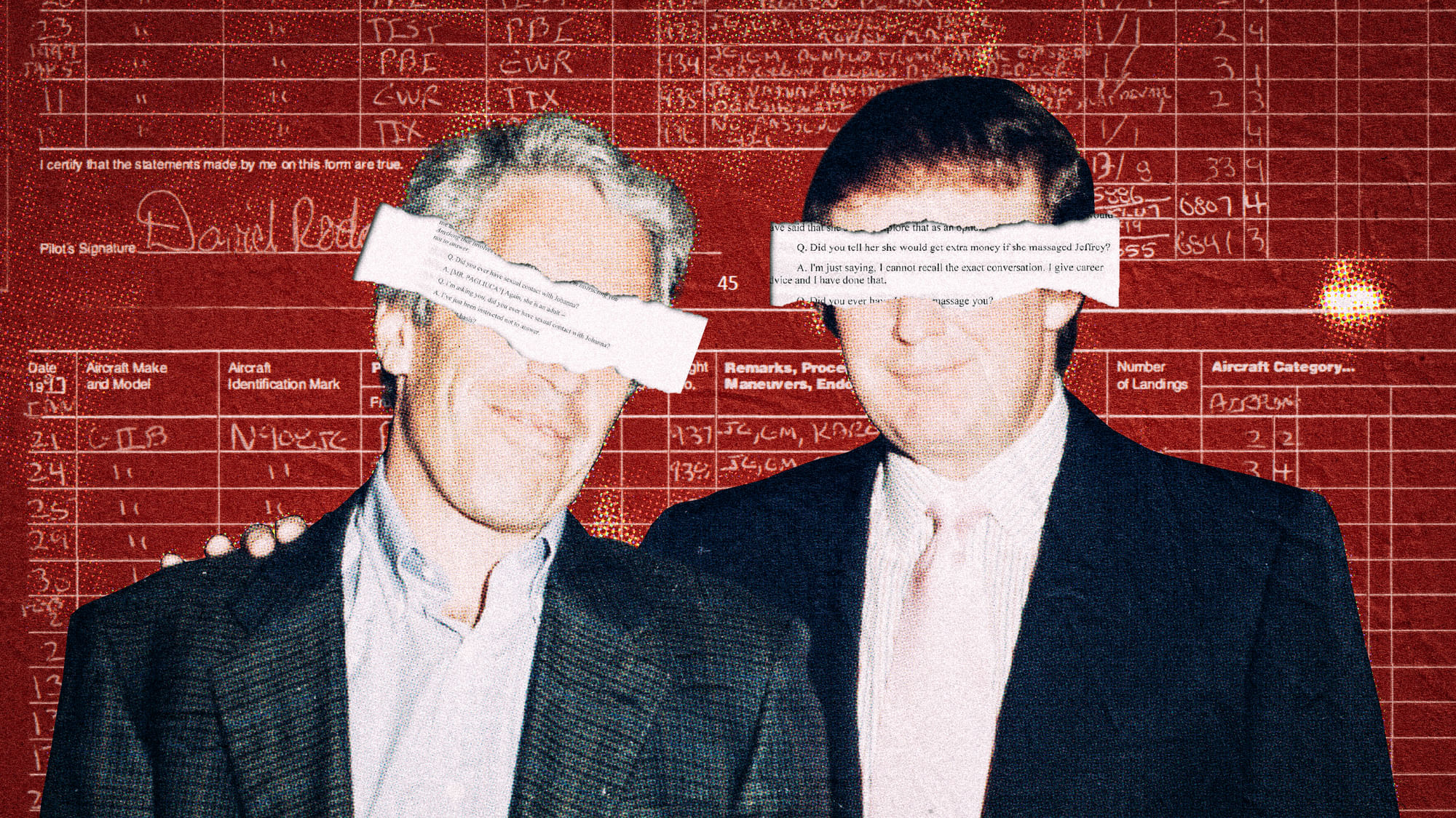 Collage: Trump und Epstein stehen nebeneinander, Trump hat einen Arm um Epstein gelegt. Ihre Augen sind verdeckt, darüber läuft ein Protokoll des Gerichtsverfahrens. Im Hintergrund sind Tabellem zu erkennen, es sind die Fluglisten.