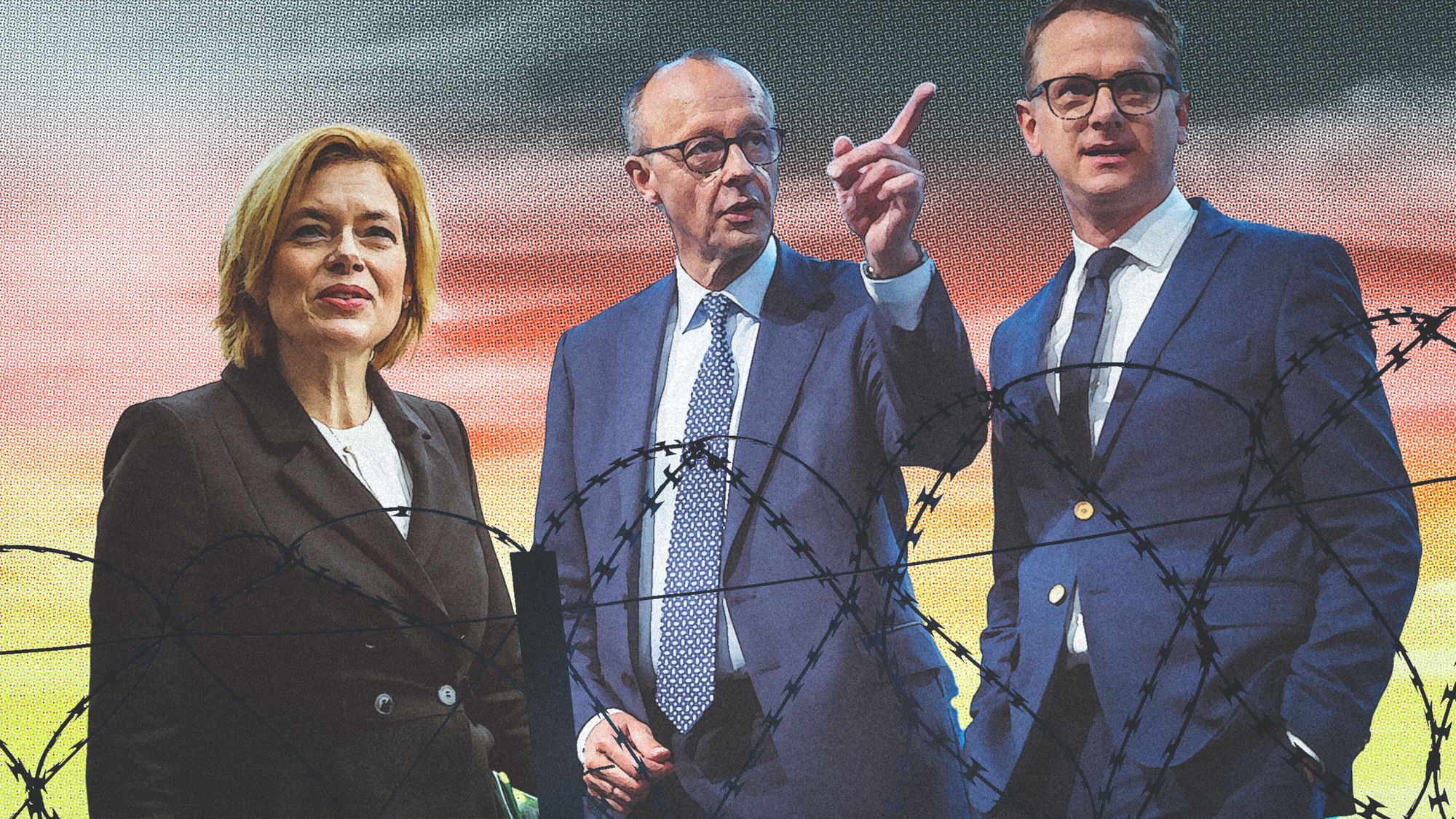 Collage: Merz, Linnemann und Klöckner hinter einem Stacheldraht. Der Himmel im Hintergrund ist in Deutschlandfarben.