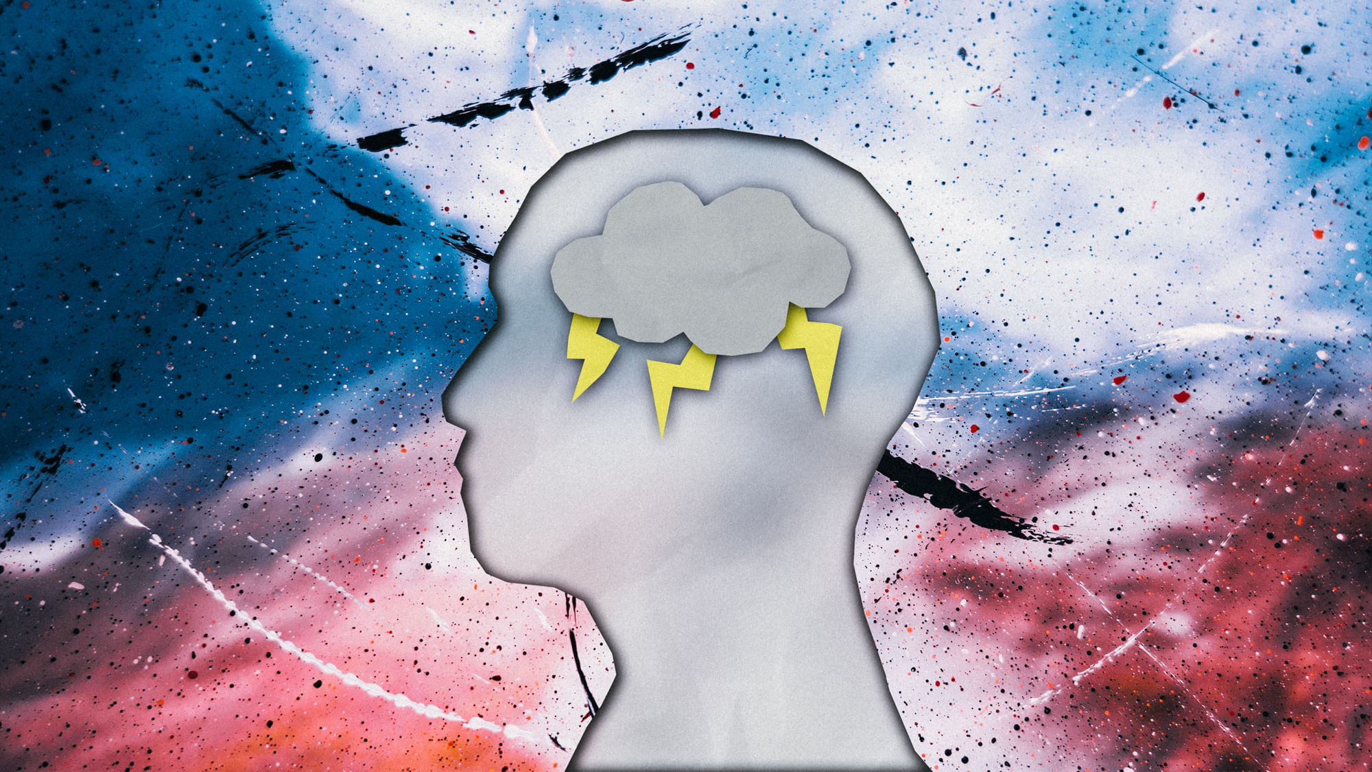 Collage: Ein Kopf auf einem abstrakten, rot blauen Hintergrund. Im Kopf ist eine Gewitterwolke.