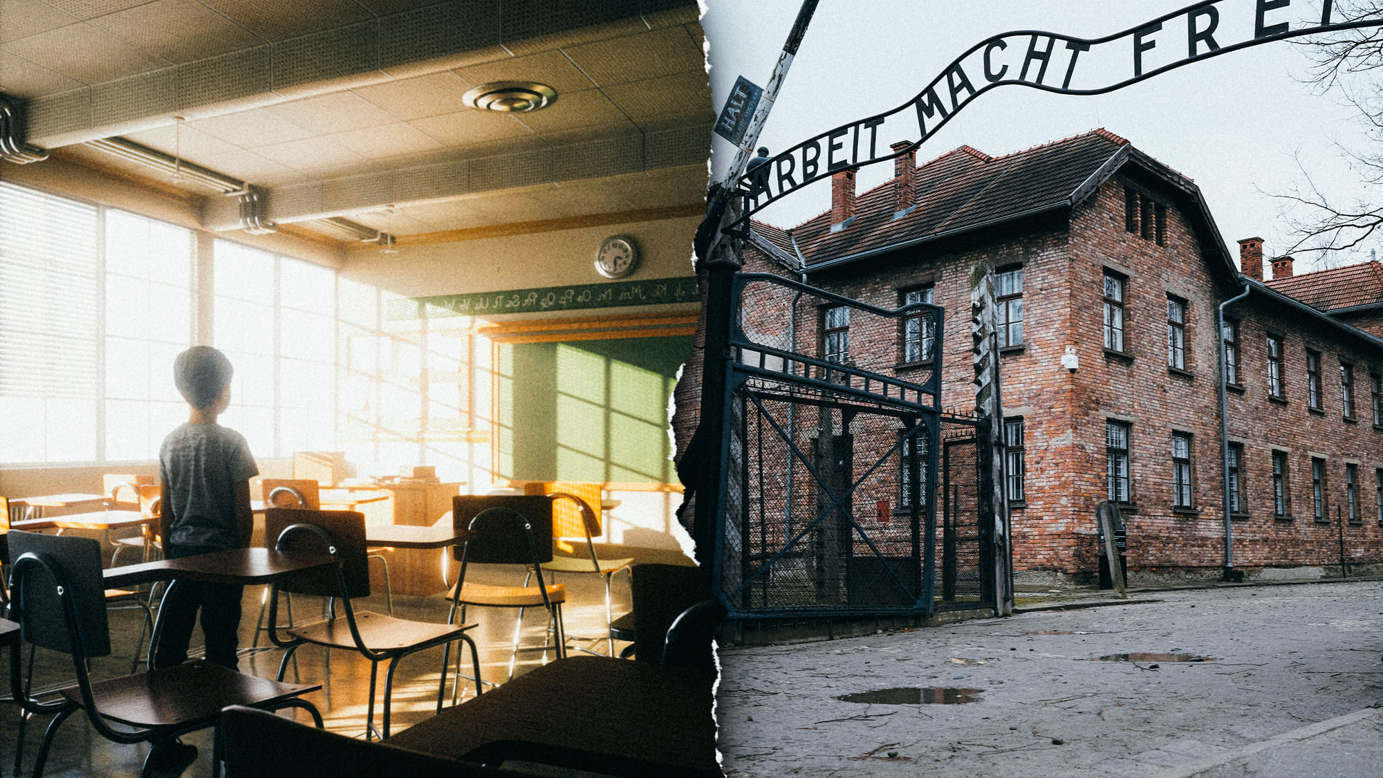 Collage: Links steht ein Schüler in einem leeren Klassenzimmer und blickt auf einer leere Tafel. Rechts ist das Eingangstor von Auschwitz mit dem Spruch „Arbeit macht frei“. 