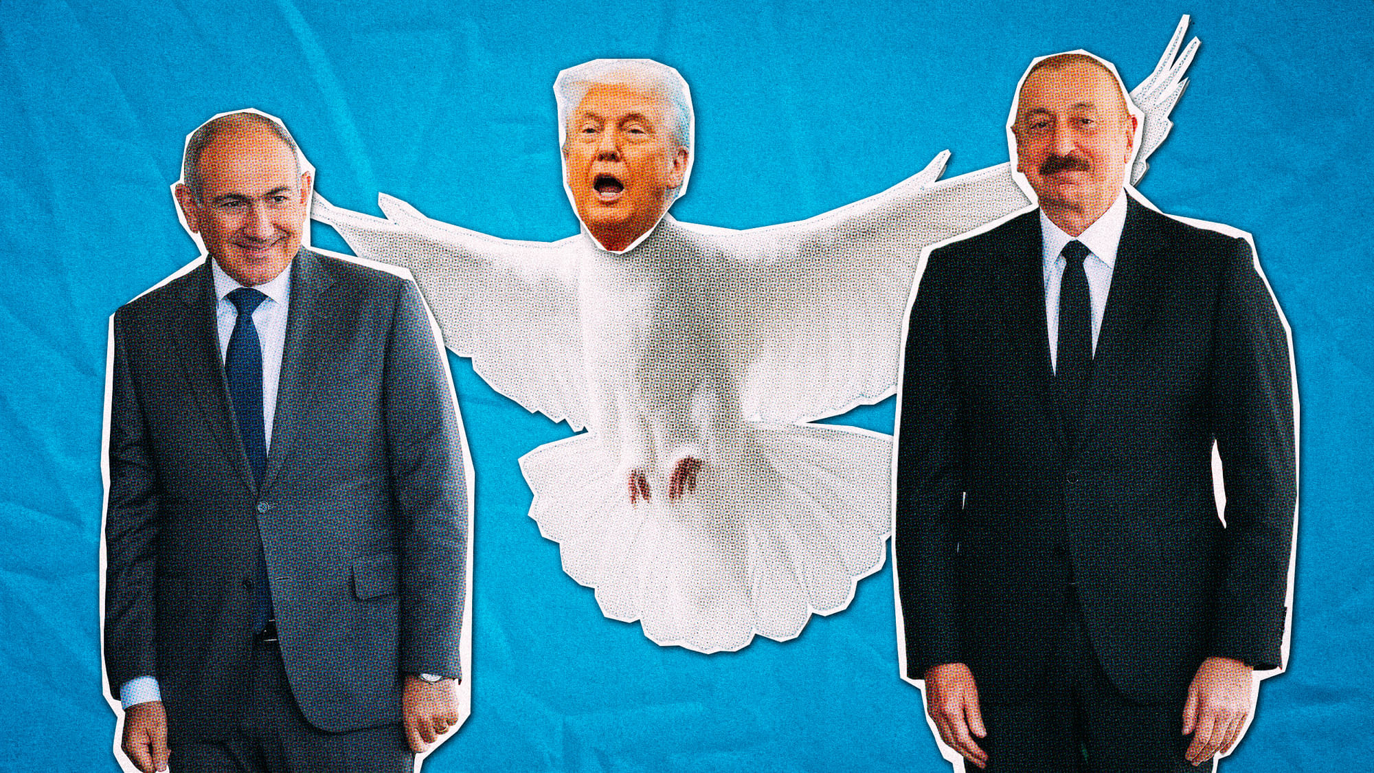 Auf dem Bild ist eine Collage von einer Taube, auf deren Kopf der Kopf von Trump montiert ist. Außerdem sieht man Paschinjan und Alijew.