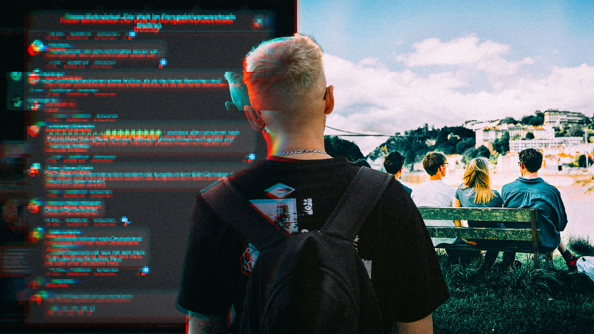 Ein Mann ist von hinten zu sehen. Links von ihm ihm Hintergrund sieht man Chat-Nachrichten, rechts eine Gruppe Menschen auf einer Bank.