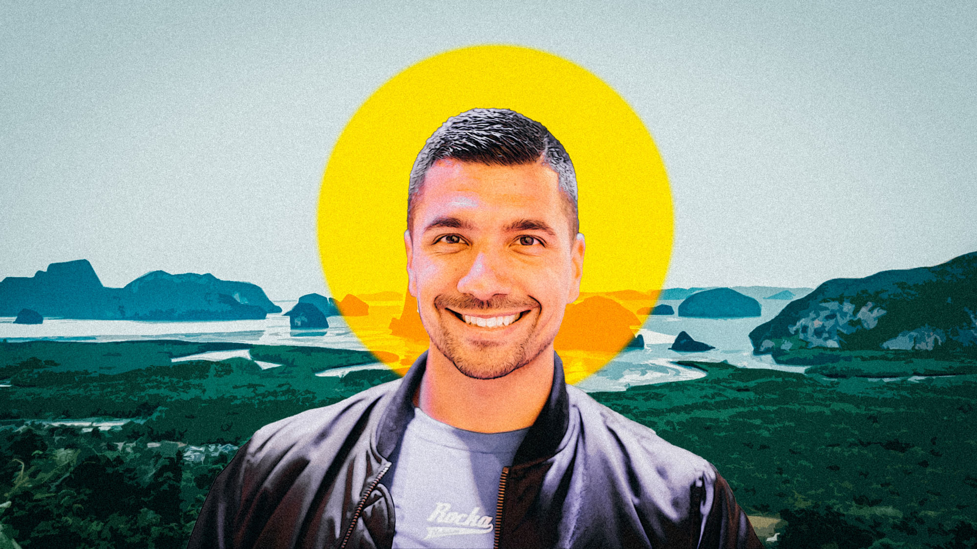 Fotomontage: Ein Portrait von Julian Zietlow vor einer Thailändischen Landschaft mit Urwald und Meer. Er hat einen Heiligenschein.