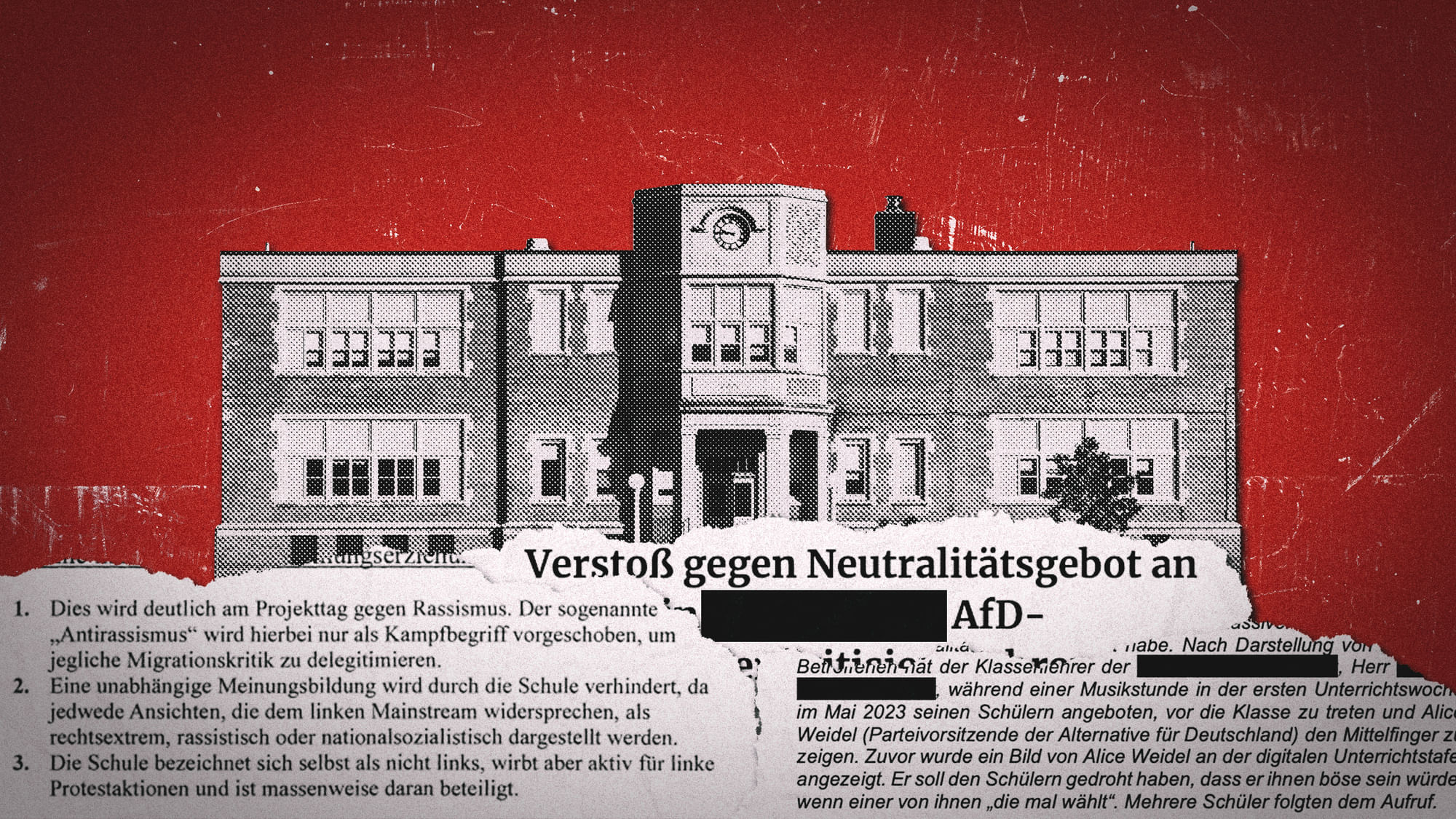 Collage: Eine Schule auf rotem Hintergrund. Davor sind Ausschnitte von Zeitungsartikeln oder Anfragen an den Landtag.