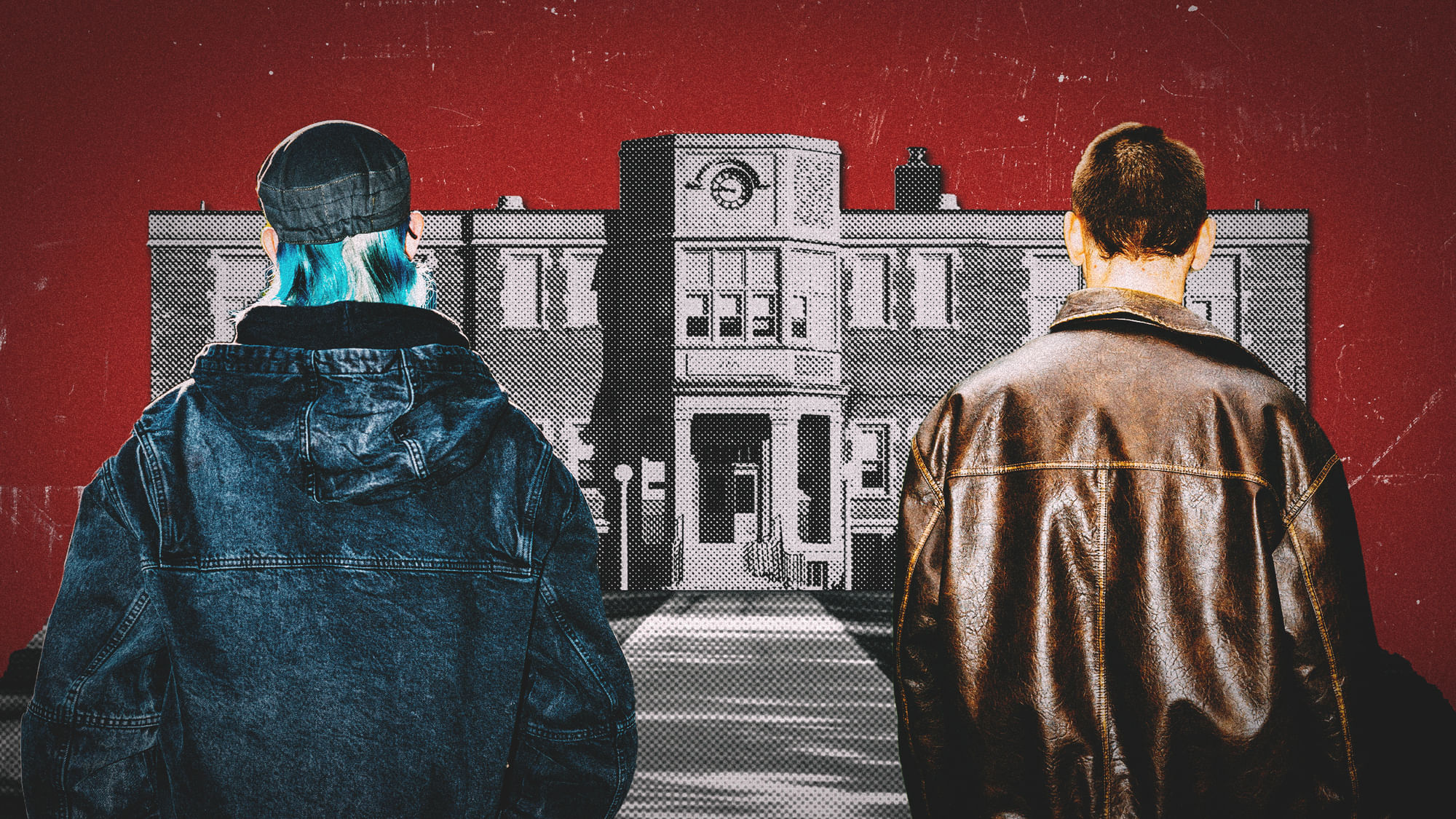 Collage: Zwei Jugendliche vor einem Schulgebäude. 